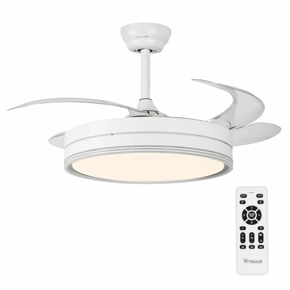 UNIVERSALBLUE VITRIMUR | Ventilador de Techo con Aspas Retráctiles | 6 Velocidades |Luz LED| Motor DC | Silencioso | Modo Invierno | Temporizador | Mando Incluido | Facil De Montar (Blanco)