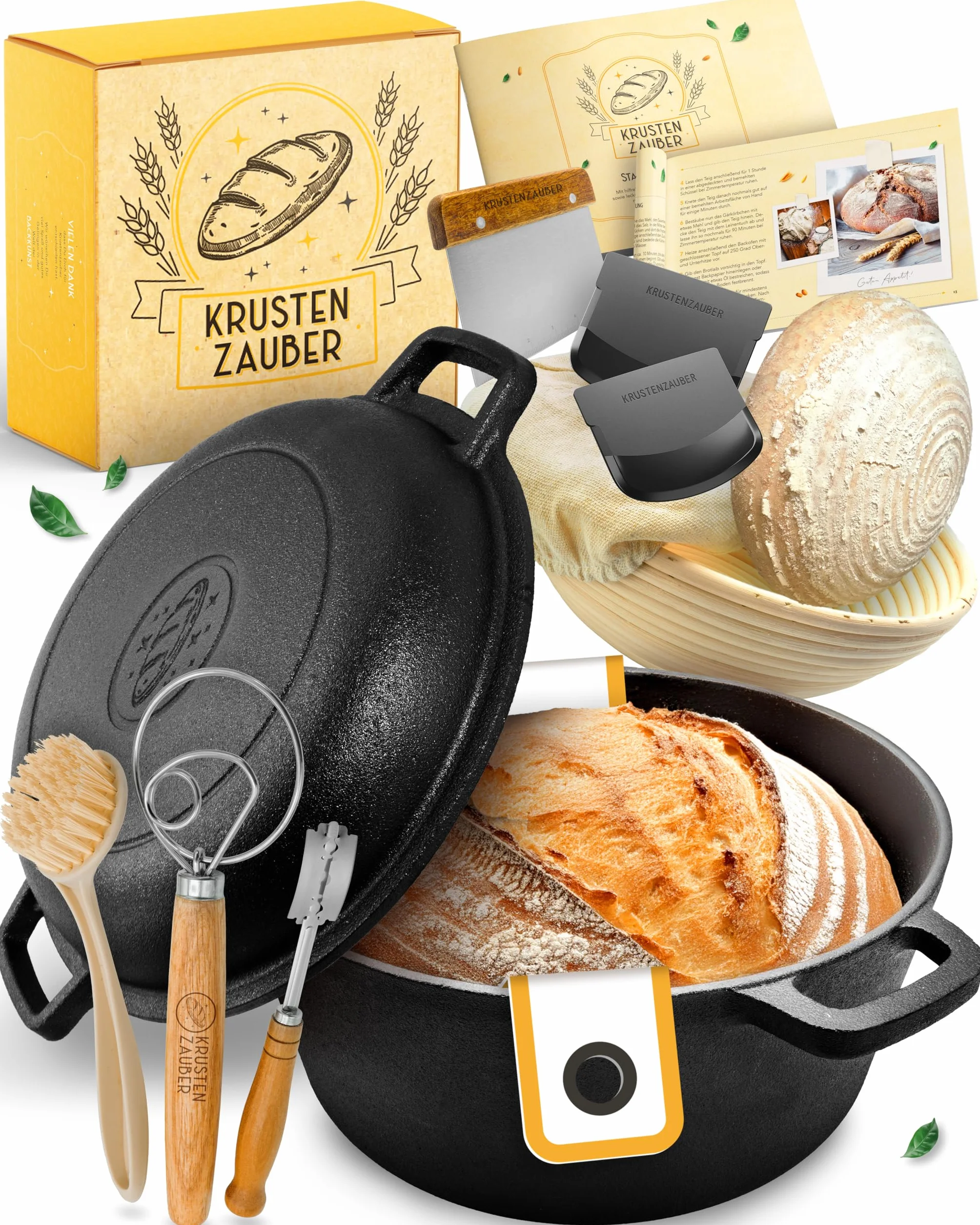 KRUSTENZAUBER Juego XXL de cacerola de hierro fundido, molde para pan con tapa, incluye cesta de fermentación, batidor, cuchillo de panadero, espátula para masa, soga de pan y más – Juego perfecto