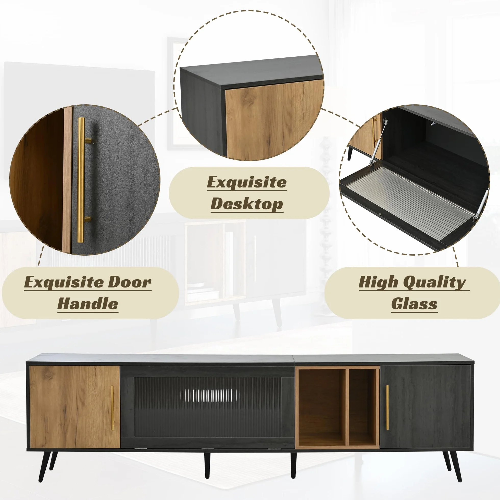 Mueble para TV de 200 cm, Soporte para TV de 90 Pulgadas con 2 Puertas, Armario Bajo con Puertas de Cristal Plegables y Espacio de Almacenamiento para Salón Dormitorio, Gris