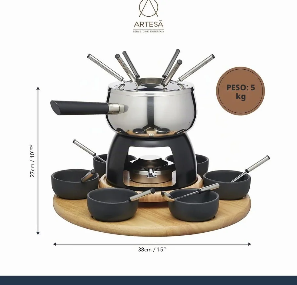 Artesà Juego de Fondue con Plato Giratorio Lazy Susan, Olla de Fondue de Acero Inoxidable con Quemador, Recipientes y Utensilios, Juego de 22 Piezas, Negro