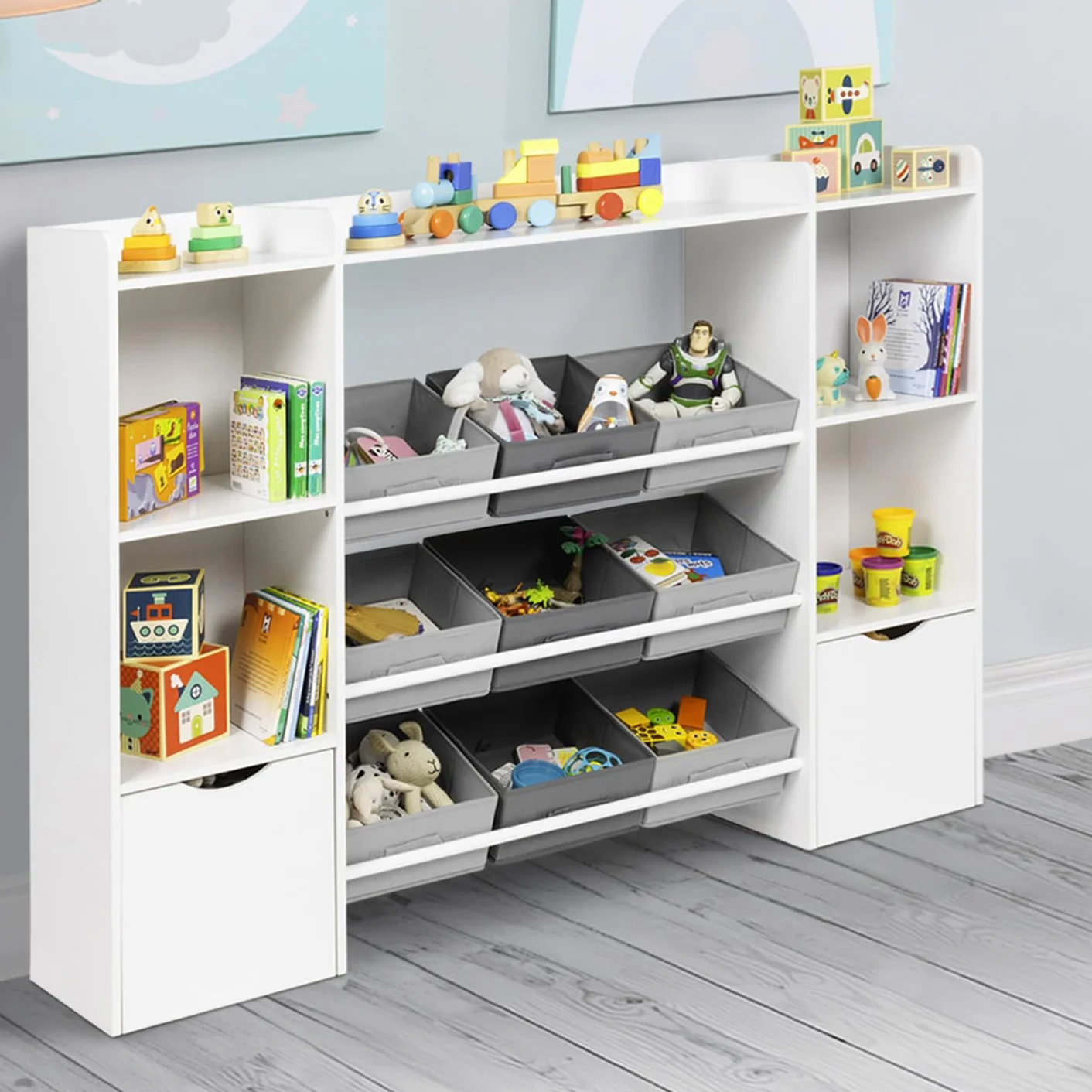 IDMarket Mana - Mueble de almacenamiento infantil 7 estantes, 9 bandejas de tela y 2 cubos con ruedas, color blanco
