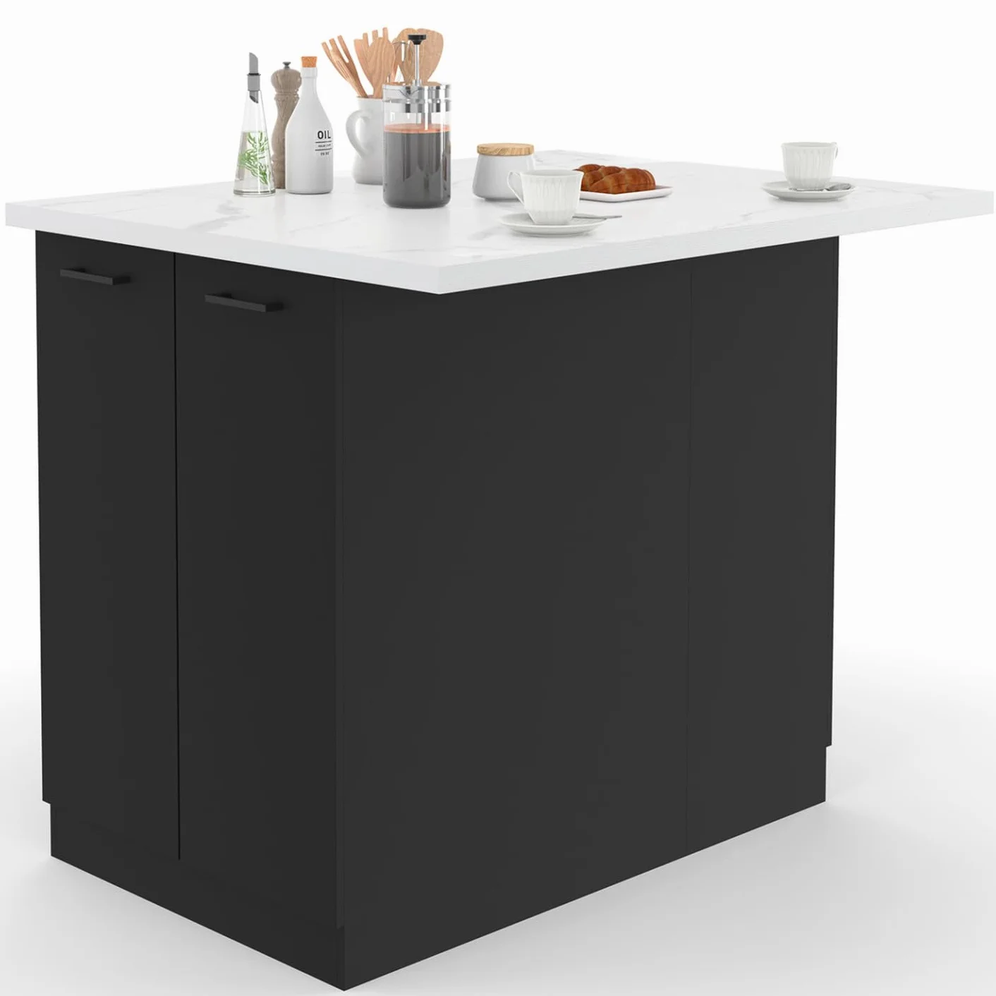 IDMarket - Ilot central IVO 120 cm madera negra con encimera efecto mármol ALASKA