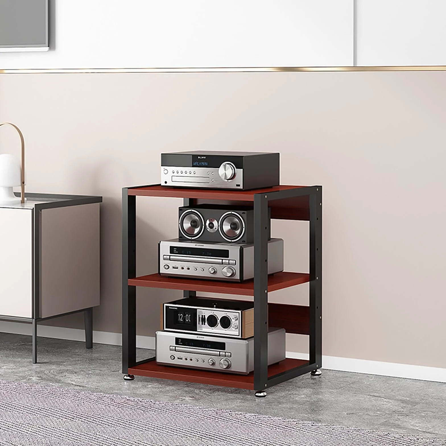 Soporte multimedia AV de 4 niveles con ruedas y estanterías, gabinete estéreo audiovisual para almacenamiento de componentes, torre de rack de audio y soporte, torre de almacenamiento de medios para