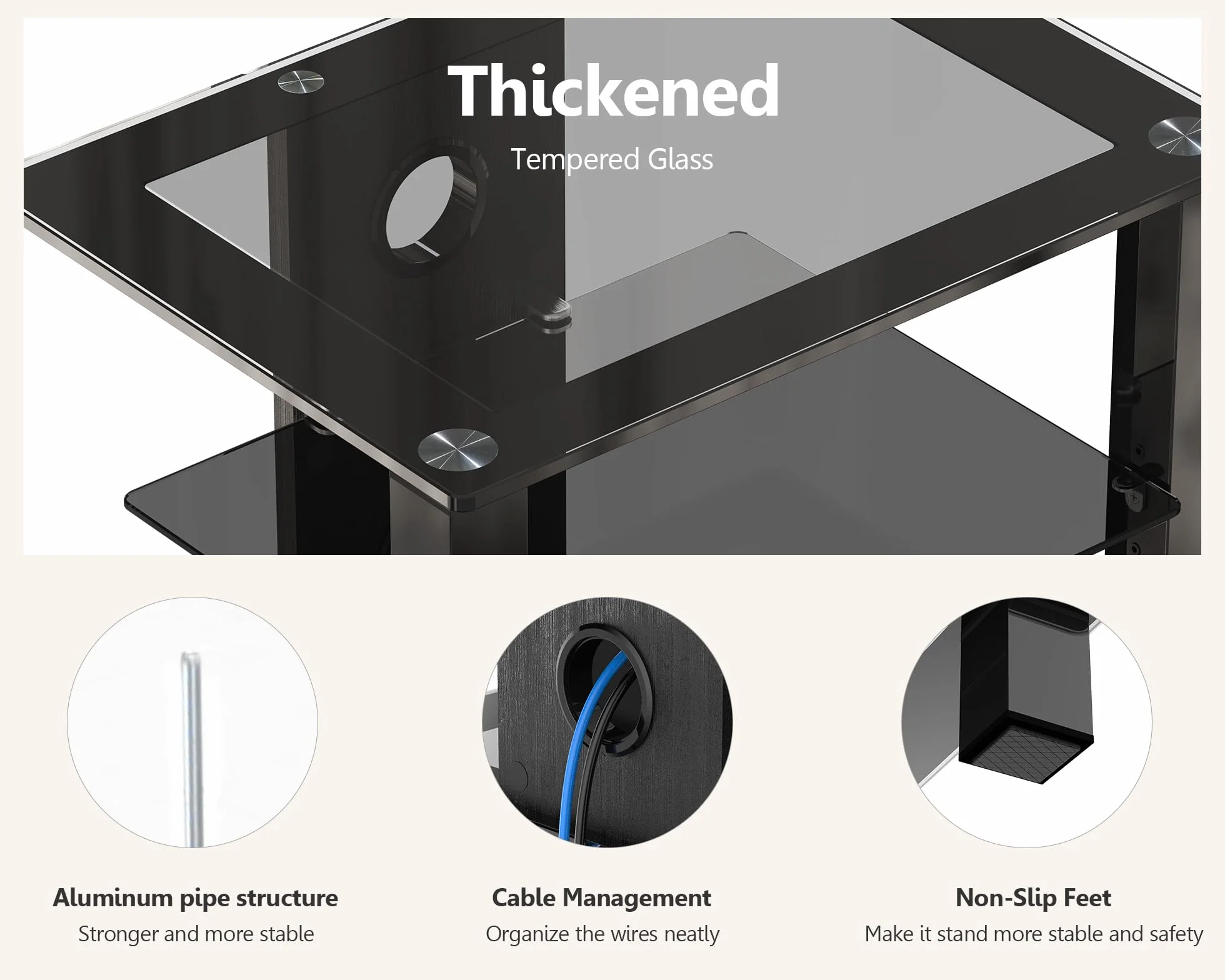 FITUEYES Mueble HiFi Negro con 4 Estantes de Cristal Templado,Mueble HiFi Mesa con 3 Columnas y Gestión de Cable,57 * 42 * 73.9cm