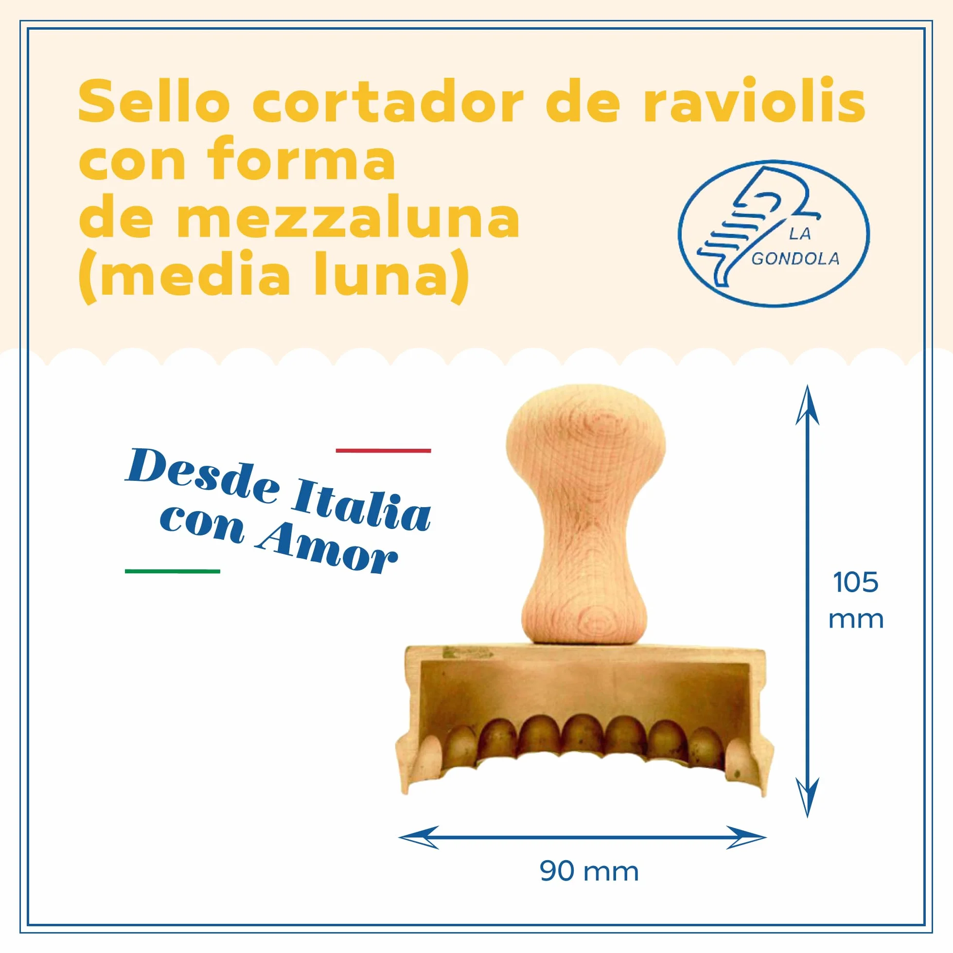La Gondola Cortador de Raviolis Caseros - Forma Mezzaluna (Medialuna) 90 mm | Cortapastas de Latón y Madera | Cortador de Pasta Robusto y Fácil de Usar | Utensilios para Pasta Fresca Hechos en Italia