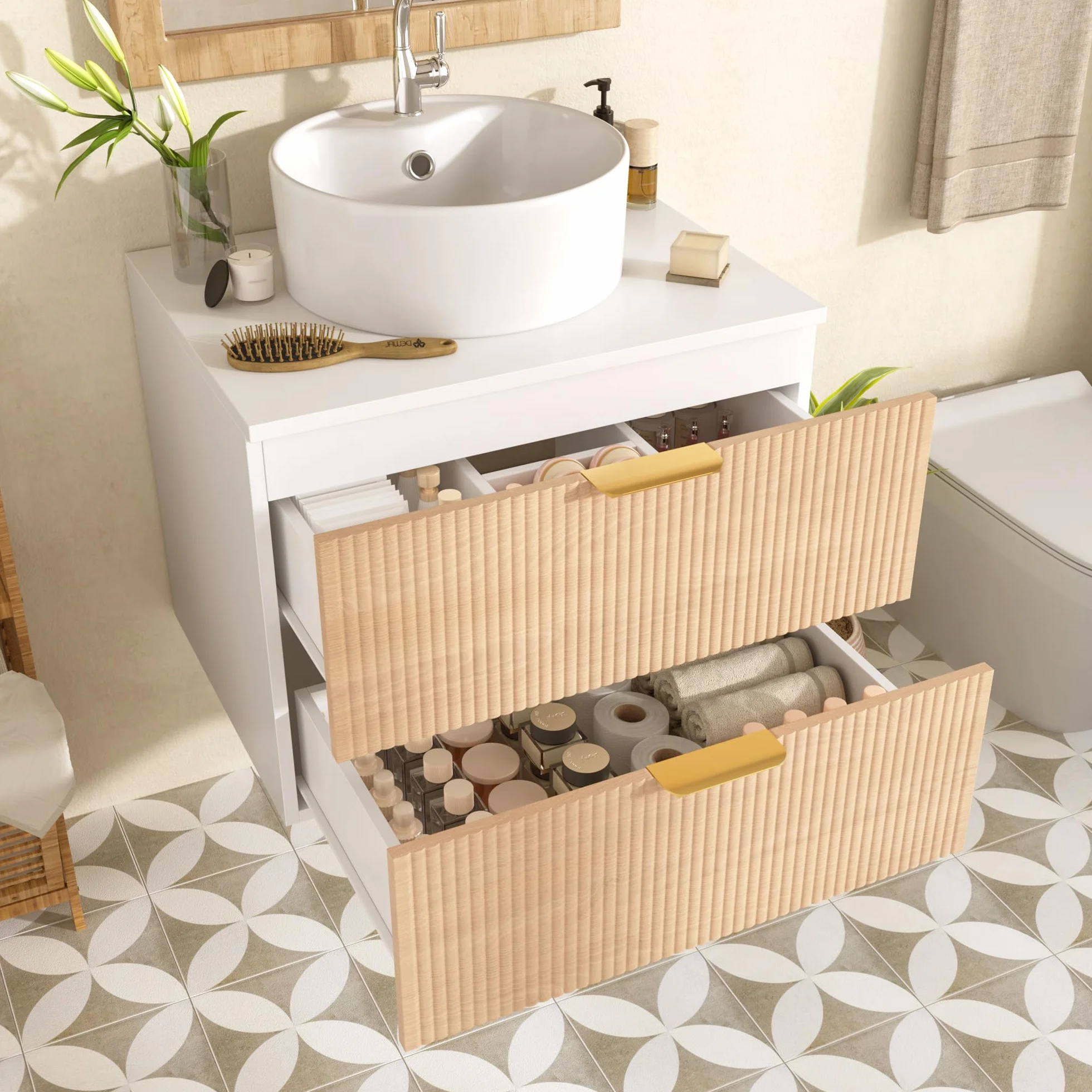 Mueble de baño redondo de cerámica de 60 cm montado en la pared con cajones de madera con diseño de rayas, tablero MDF, capacidad de almacenamiento: 2 cajones + encimera, madera natural