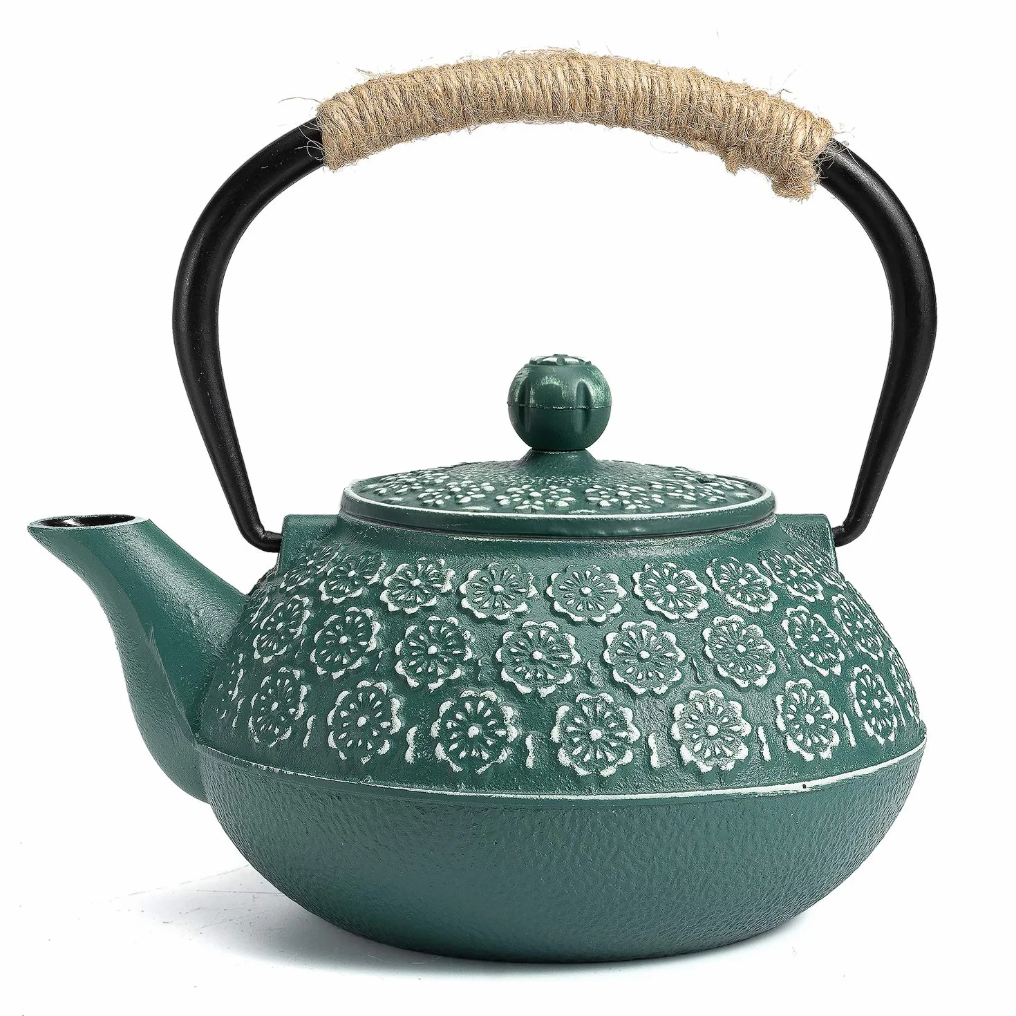 Sotya Tetera de hierro fundido con infusores para té suelto, 30 onzas de tetsubina japonesa | Hervidor de té de 900 ml recubierto con interior esmaltado para estufa, diseño de flor de cerezo, verde oscuro
