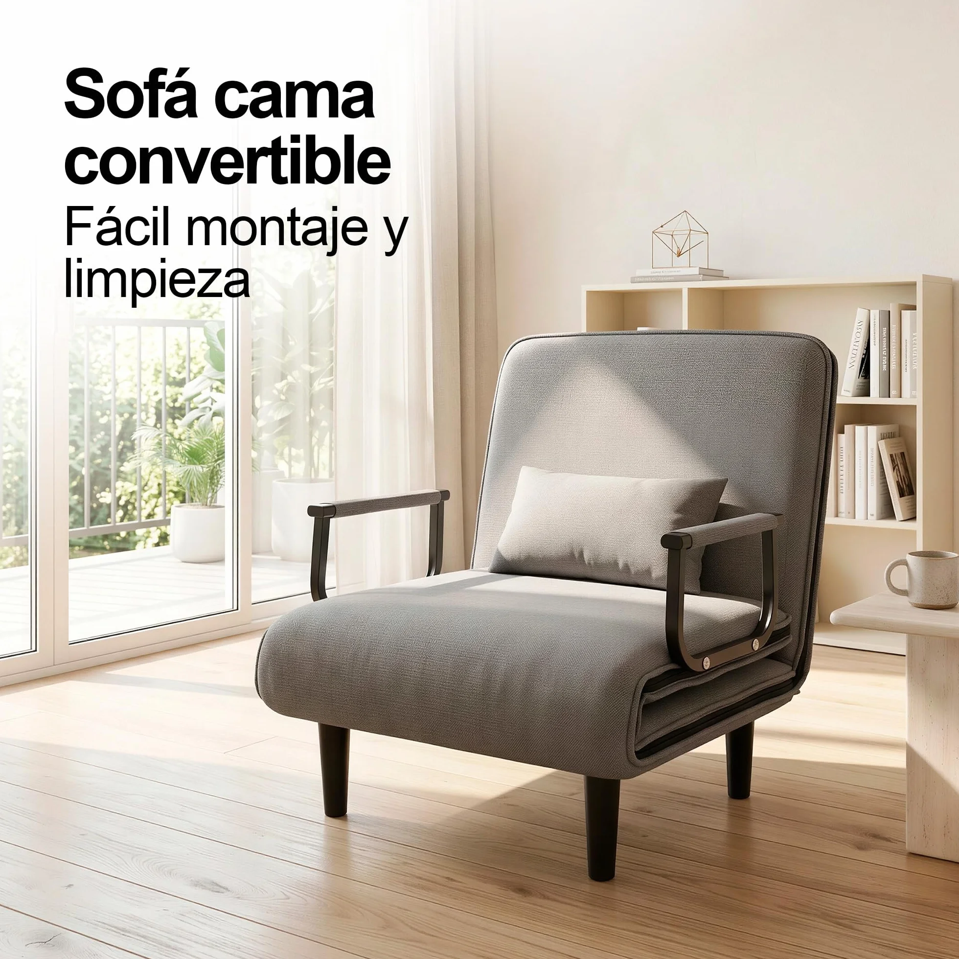 Unicview Sillón Sofá Cama Convertible 3 en 1, Sofá Reclinable, Sofá Individual Que se Convierte en Cama 190 cm Largo 65 cm Ancho, con Reposabrazos y Cojín, Ideal para Salón o Invitados, Gris