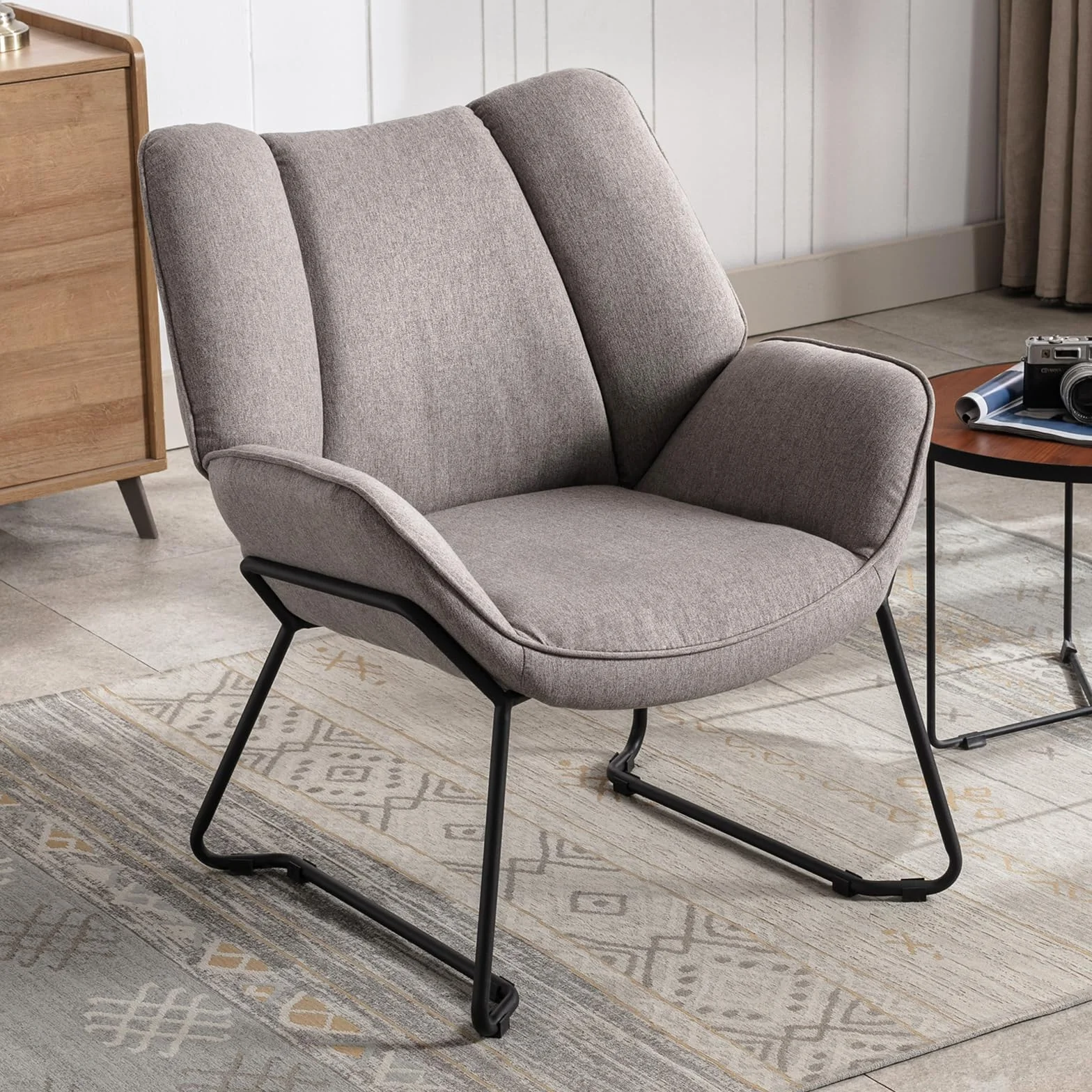 Ya-Home Sillones de Salón Individual de Lino Moderno, Butacas Pequeñas con Reposabrazos,Silla Lectura Silla de Ocio con Patas de Mrtal para Dormitorio/Sala de Estar,Gris