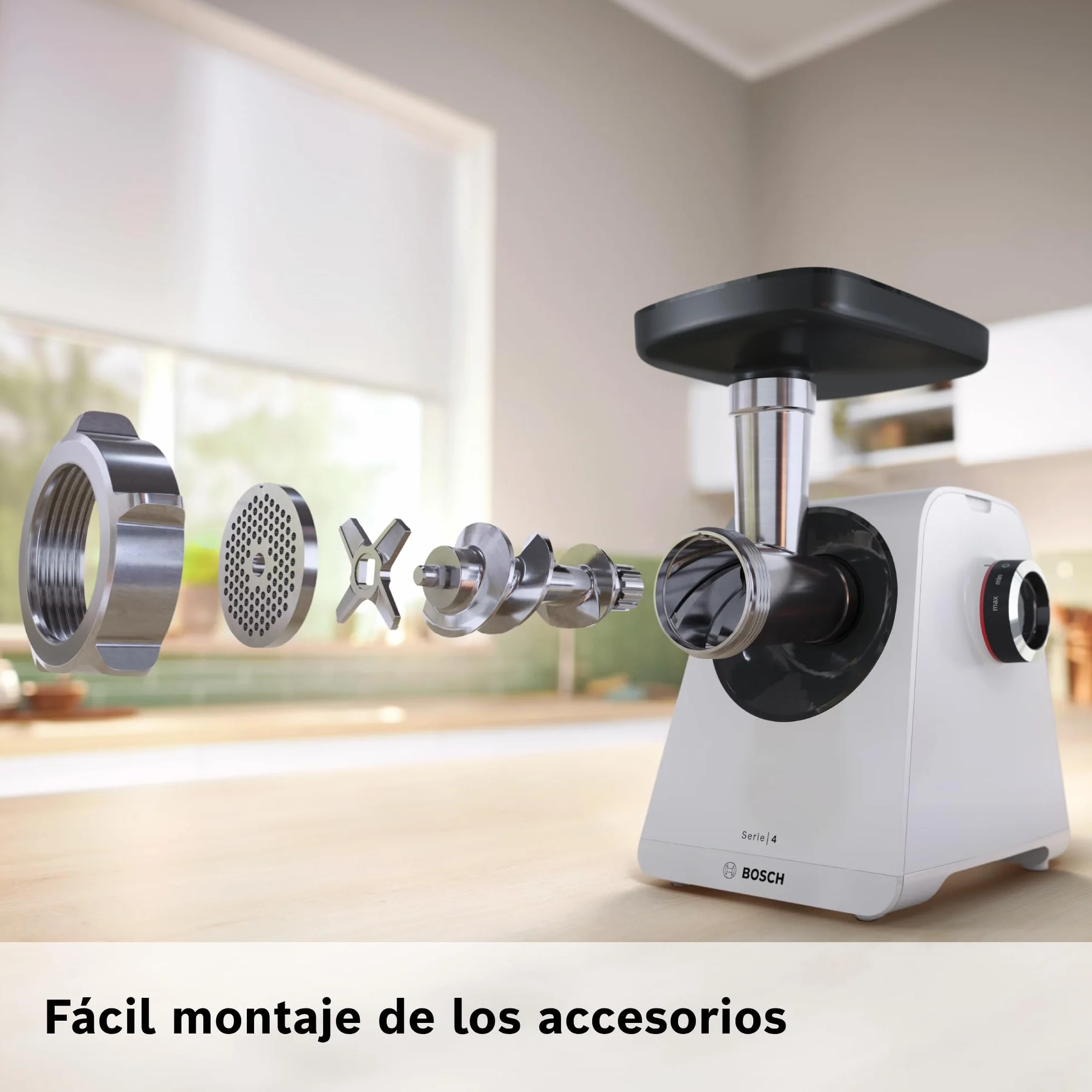 Bosch - Picador de carne, MultiPower, Serie 4, 1900 W, Molinillo, Accesorio para salchichas, Blanco, MFWS420W