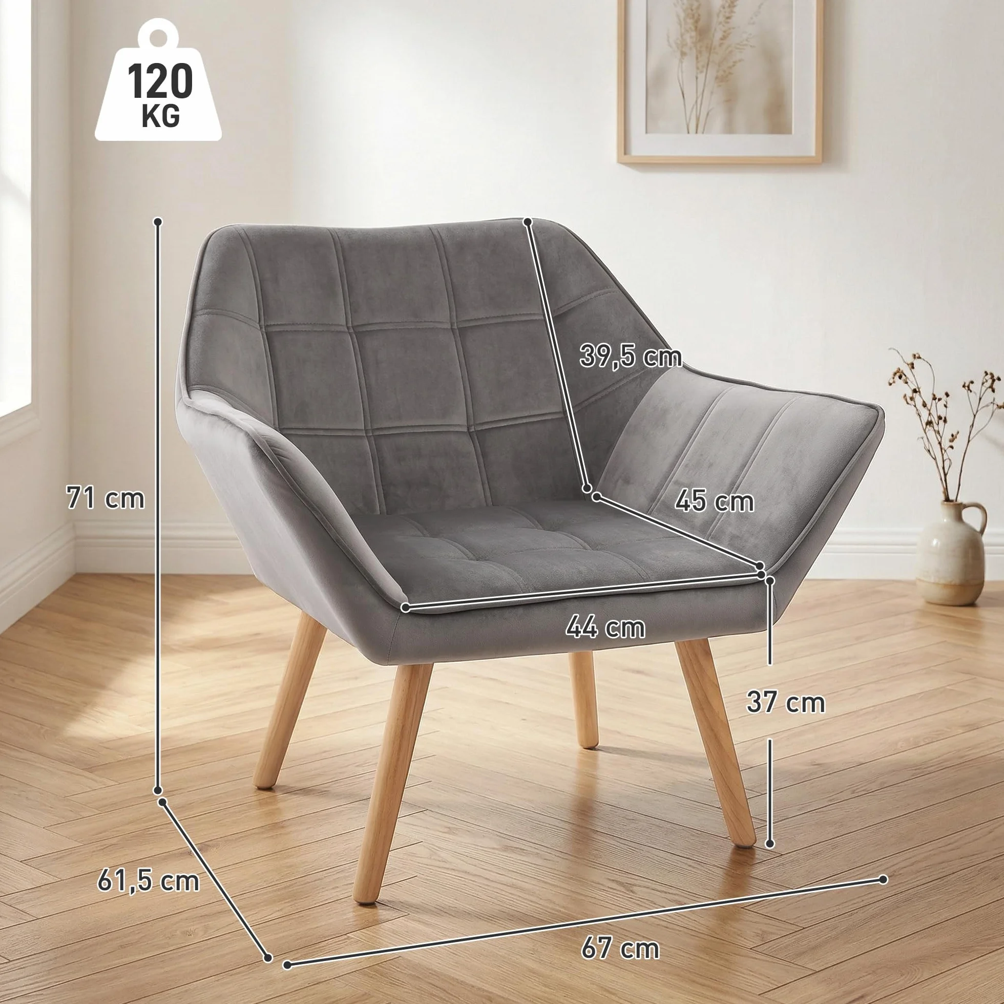 HOMCOM Butaca de Salón Moderna, Sillón Lectura Tapizado en Terciopelo con Patas de Madera, Fácil Montaje, Sillón Relax para Sala de Estar, Dormitorio y Balcón, Gris