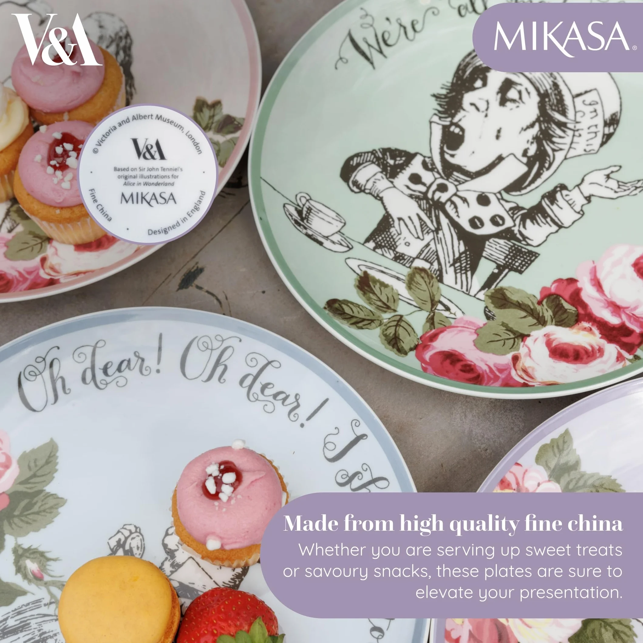 MIKASA and The V&A - Juego de 4 platos para tartas para té de la tarde, 21 cm, porcelana china, té de Alicia en el país de las maravillas, apto para lavavajillas y en caja de regalo