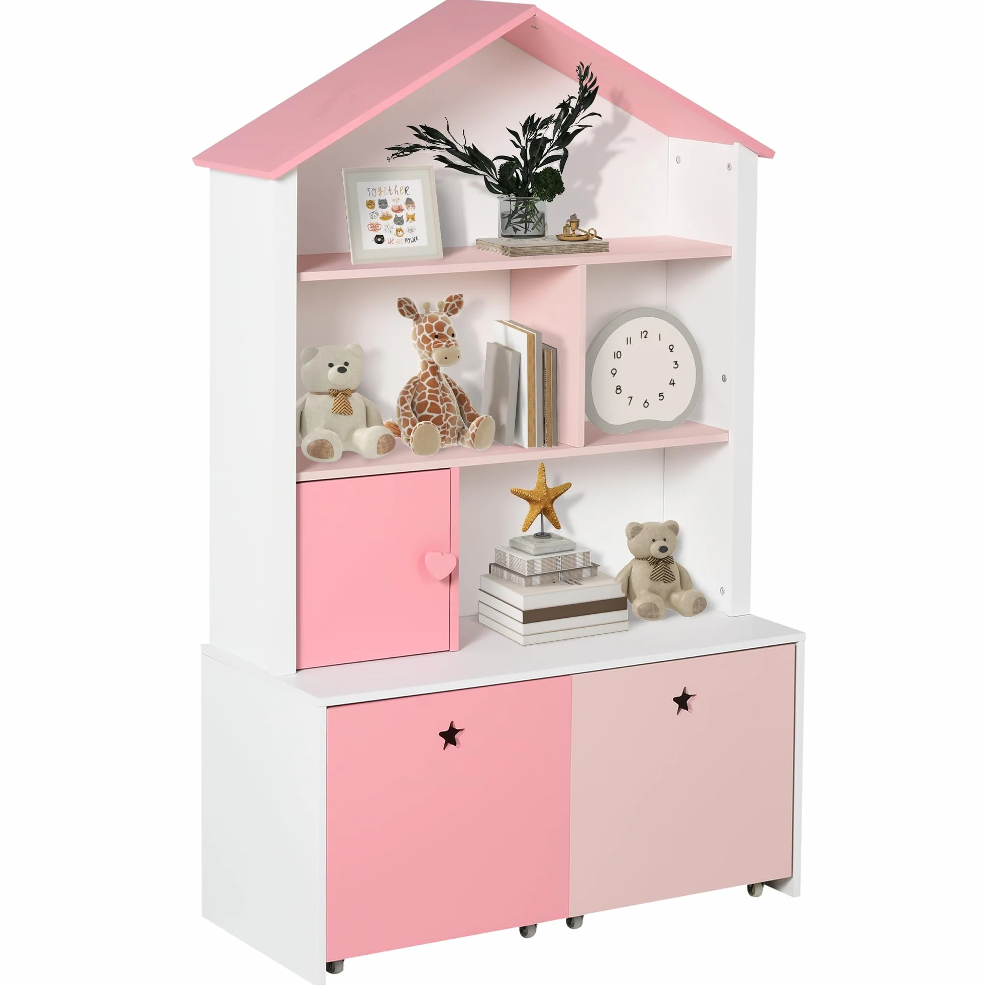HOMCOM Estantería de Madera Infantil Librería para Niños con 4 Compartimentos 1 Puerta y 2 Cajones Extraíbles con Ruedas para Libros Juguetes 80x34x130 cm Rosa y Blanco