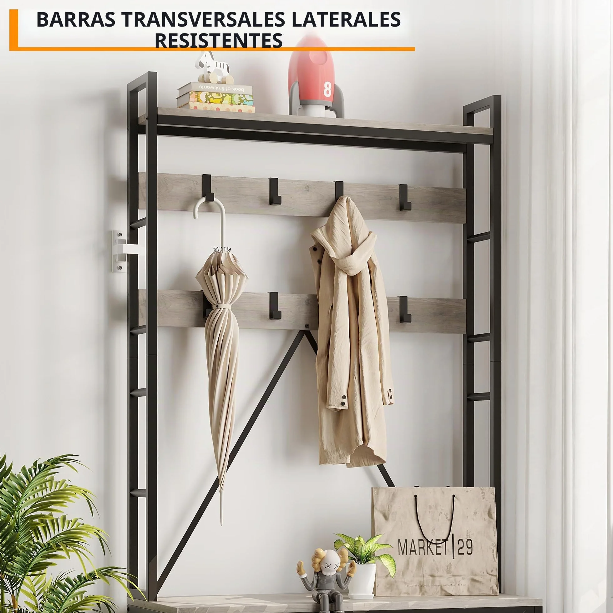 Garvee Perchero Recibidor Con Banco y Zapatero, Mueble Entrada Industrial De Madera y Metal, Organizador Con Estante y Ganchos, Perchero Independiente De Pie Para Entrada y Pasillo, Gris