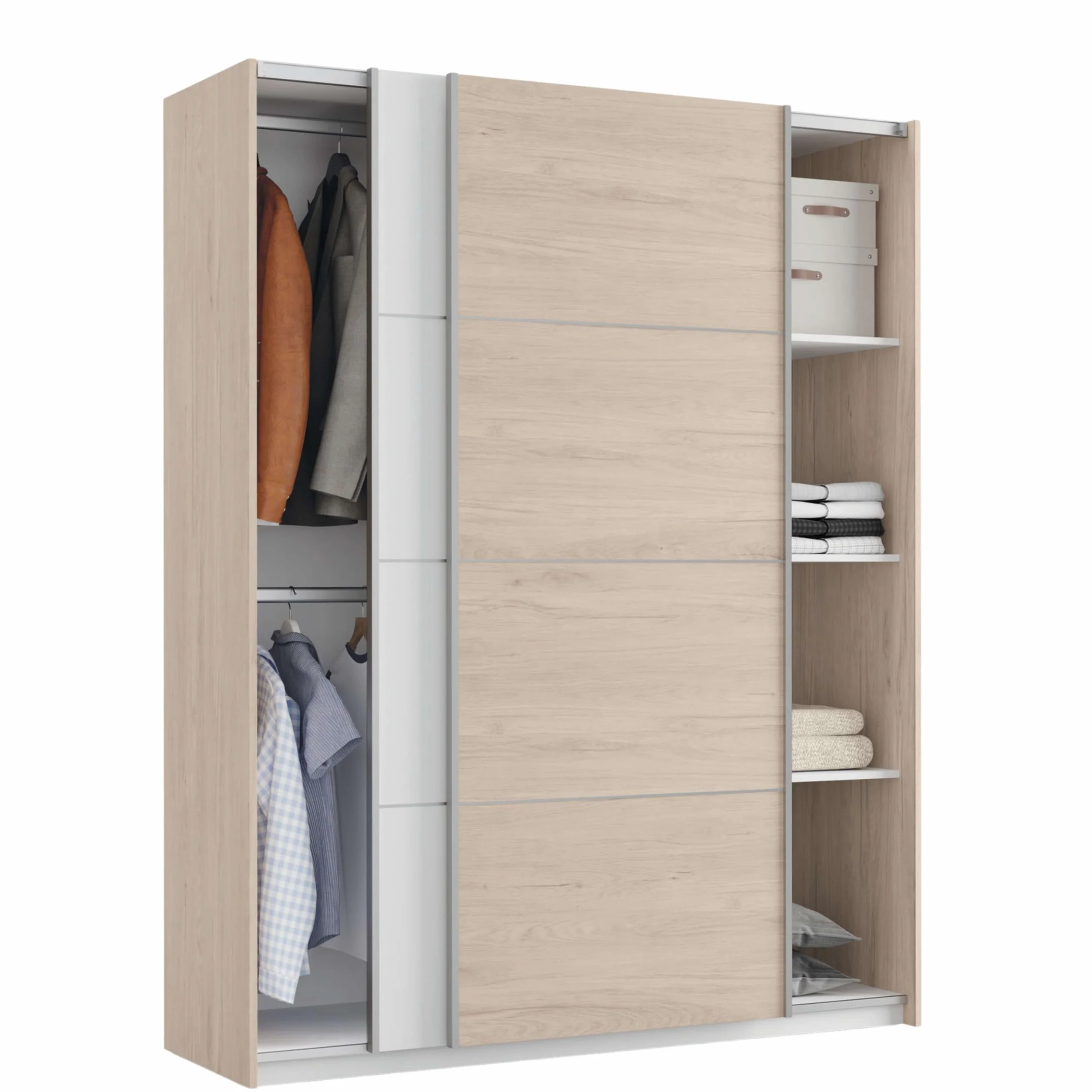 MUEBLES PITARCH | Armario Dormitorio Ropero 2 Puertas Correderas Perfil Aluminio 2 Barras, Blanco y Roble Aurora, 200x150x62cm (Alto x Ancho x Fondo), Moderno, Modelo Onix