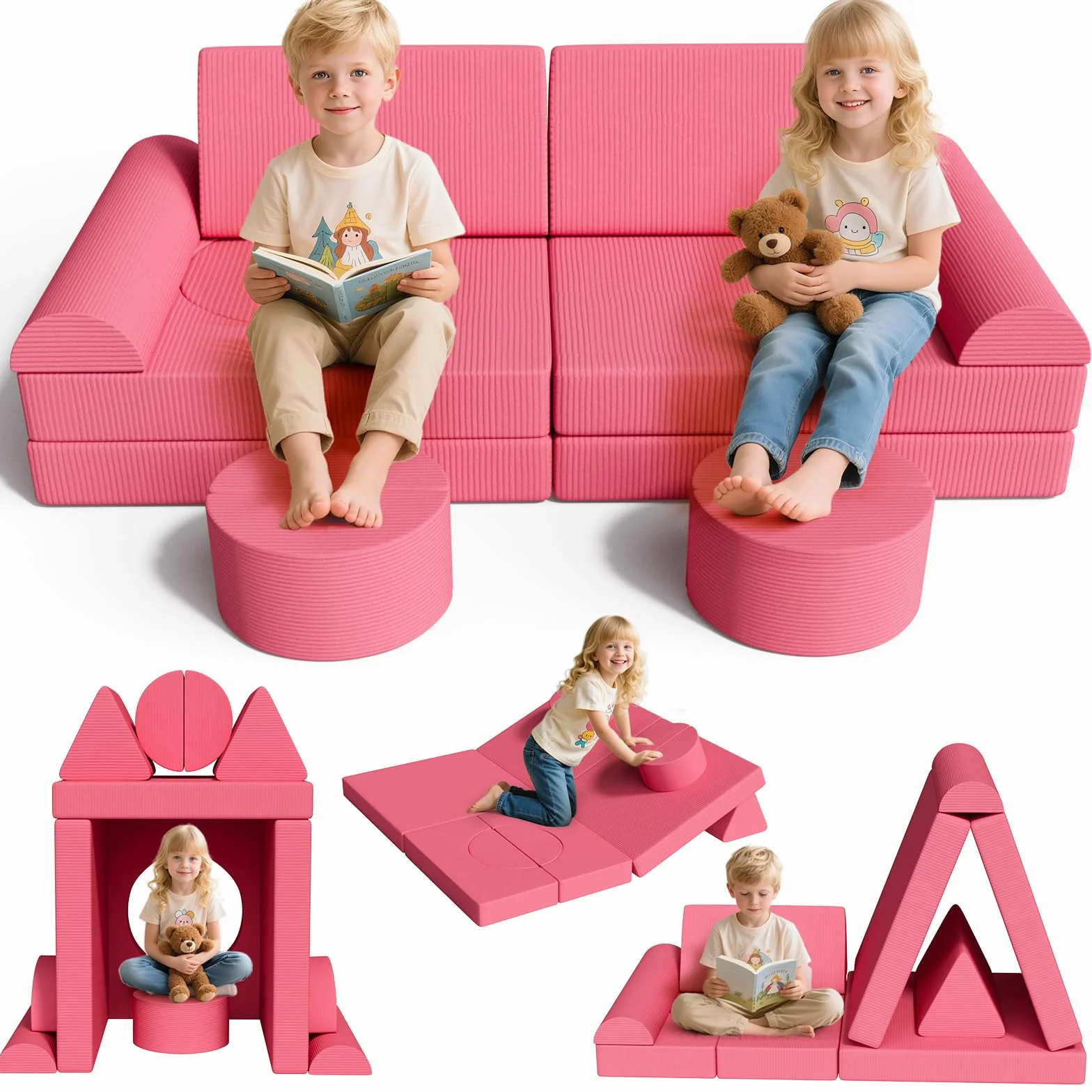 MAMIZO Sofá para Niños, 15 Piezas Sofá Modular para Niños, Sofá Infantil Convertible, Sofá de Juegos para niños para Sala de Juegos, Posibilidades de Juego Infinitas, Hecho de Pana (Rosa)