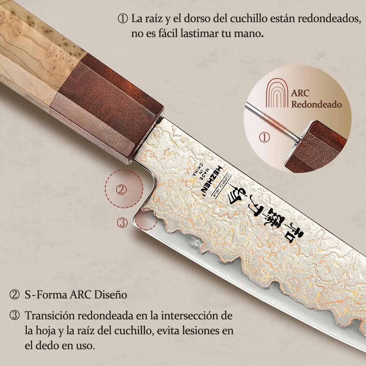 HEZHEN Damasco Cuchillos Universales, Cuchillos Cocina Damasco de Cobre, Cuchillo de Fruta para Pelarr con Caja de Madera, Mango de Octogonal