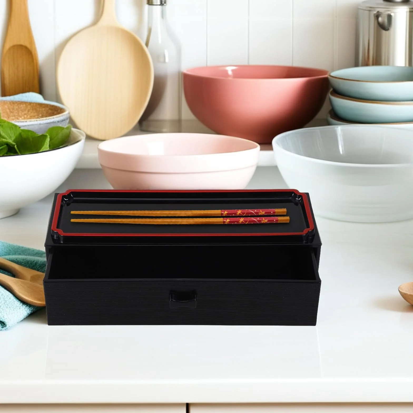 Caja de Almacenamiento de Palillos y Cubiertos Diseño Japonés, Madera Negra Vetas, Mecanismo Extraíble, 1 Pieza, Organizador para Cocina y Comedor, Porta Cubiertos Compacto