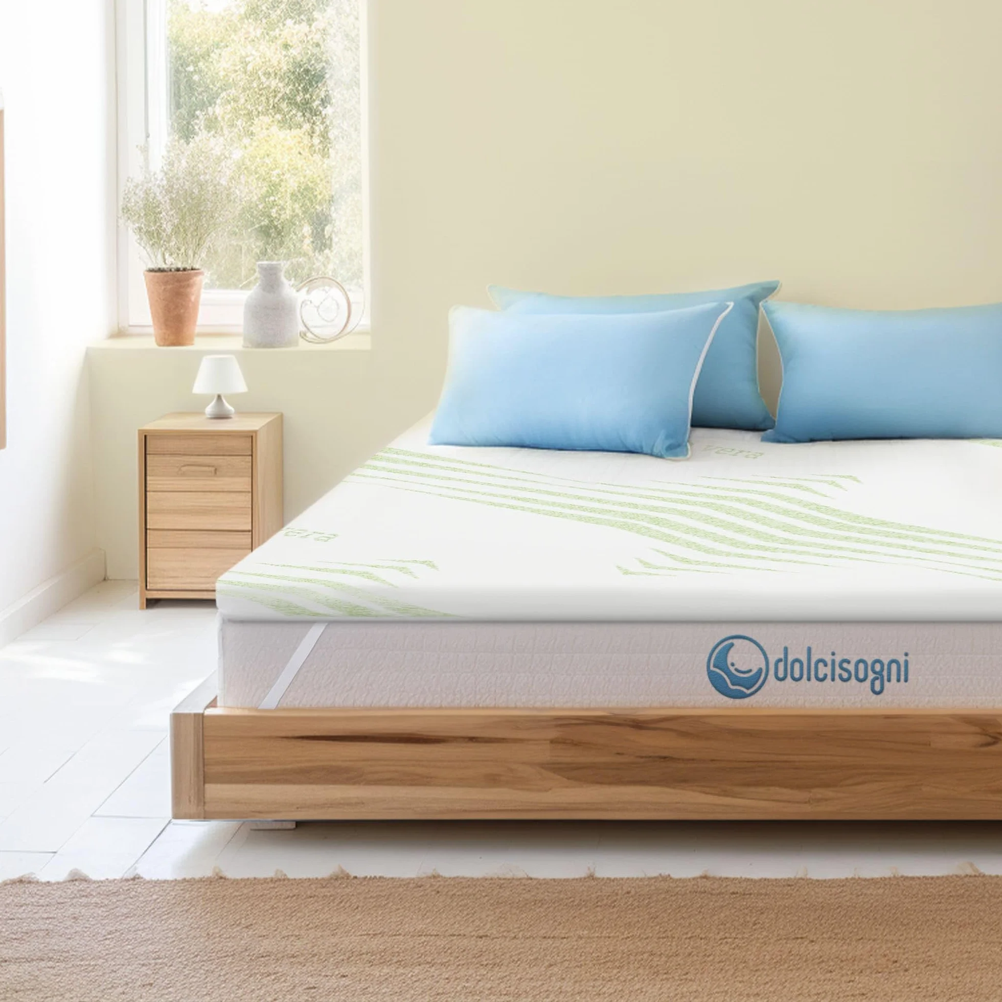 DOLCI SOGNI Topper Viscoelastico 140x200 cm, Espesor 5 cm, Topper 140x200 Espuma Viscoelástica con Funda de Aloe Vera y Elásticos de Sujeción, Sobrecolchon 140x200