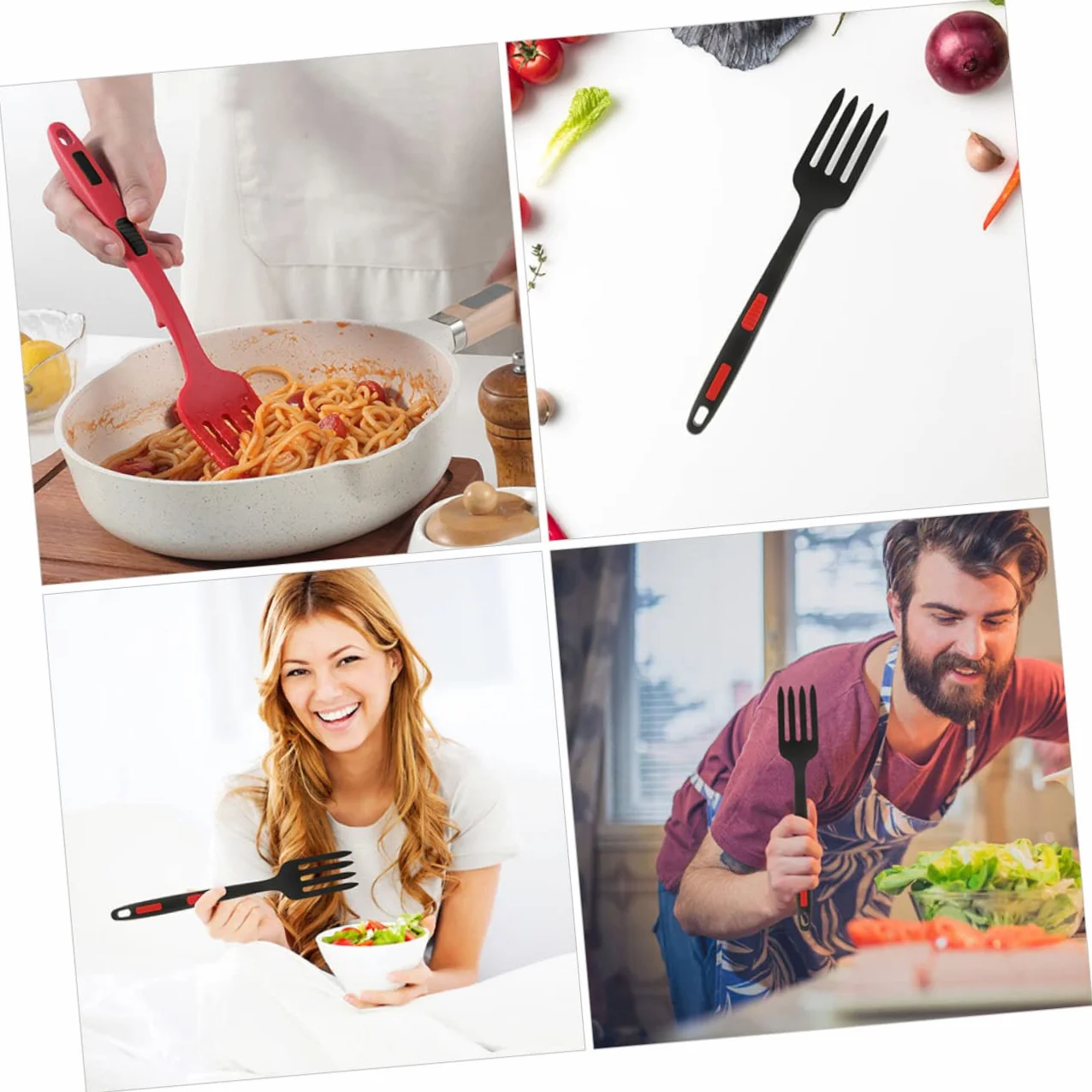Zerodeko 2 piezas Tenedor de Silicona Reutilizable para Ensaladas Utensilio de Cocina Negro y Rojo