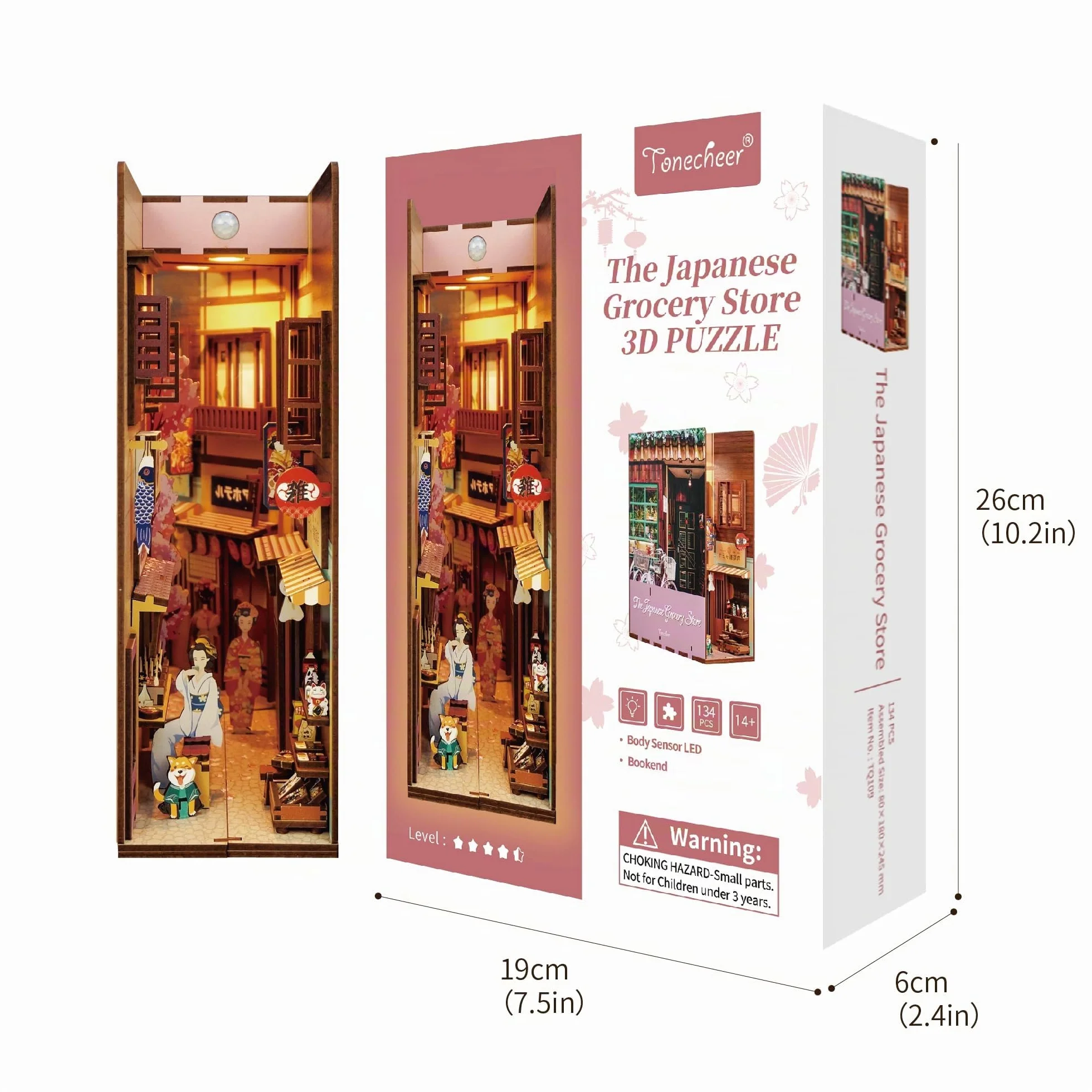 Tonecheer Book Nook Japón Kit Puzzle 3D de Madera para Adultos, DIY Nookbook Bookend con Luces LED, Decoración Hogar de Estantería, Regalo para Mujeres y Hombres (La Tienda de Comestibles Japonesa)
