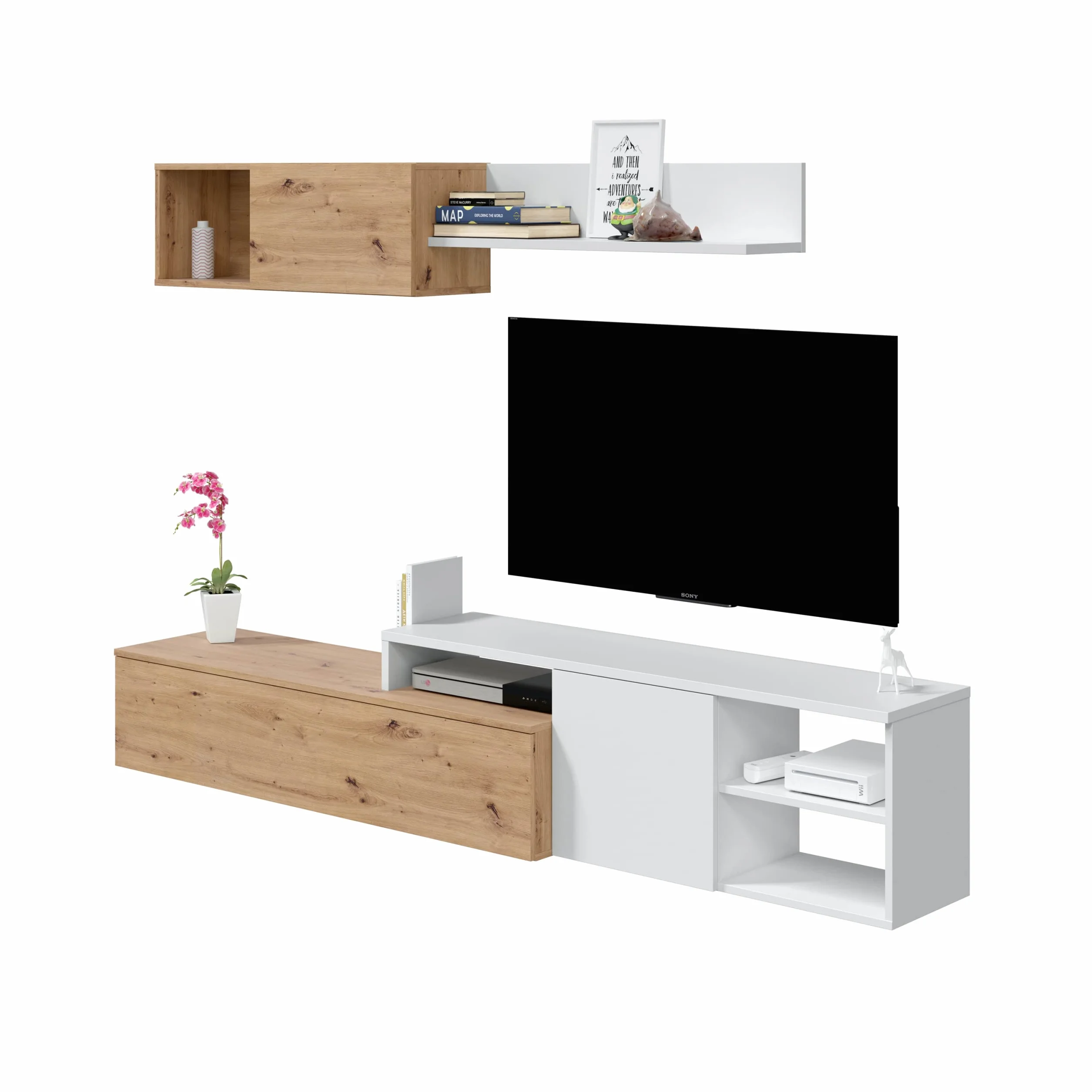 Habitdesign Conjunto de Salon Reversible, Mueble de Salon, Modulos de Comedor, Modelo Julia, Acabado en Roble Nodi y Blanco Artik, Medidas: 221 cm (Ancho) x 44 cm (Alto) 40cm (Fondo), Grande, 016647W