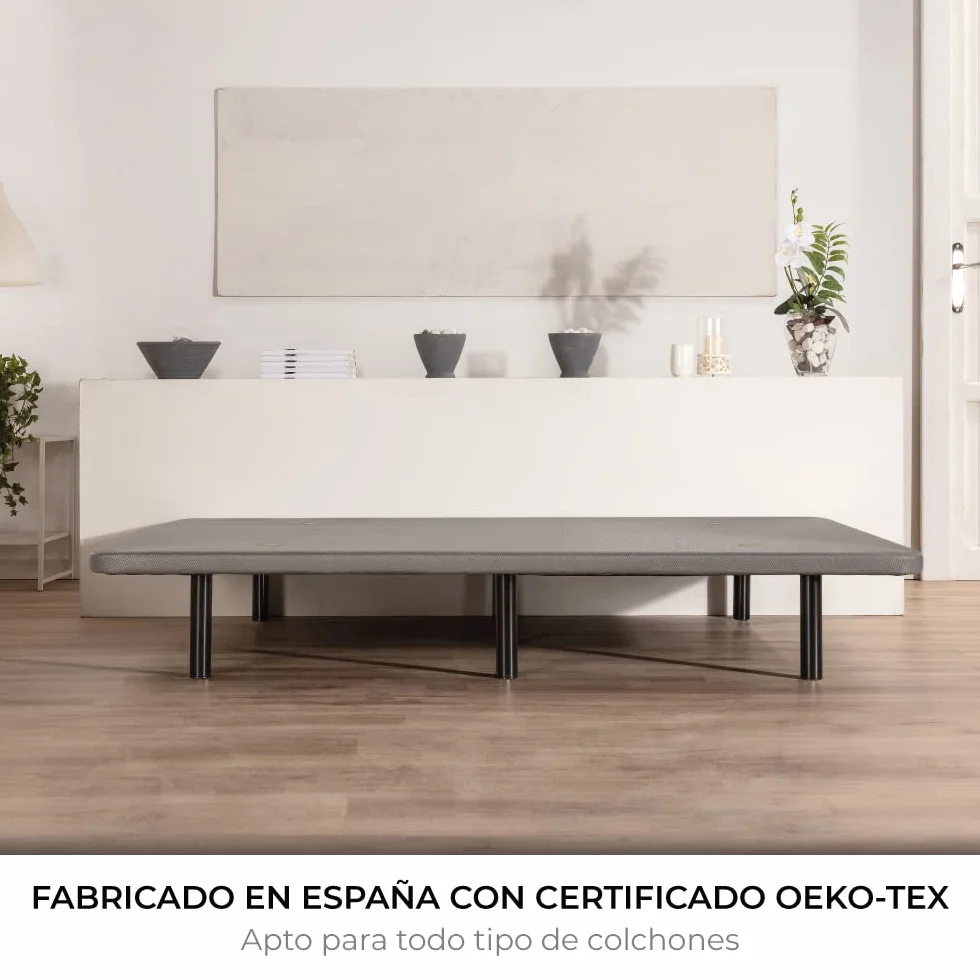 NALUI - Base Tapizada 135x190 cm de Acero con 7 patas de Altura 25cm, Gran Estabilidad con 5 Barras Transversales, Tejido 3D Transpirable y 4 Válvulas de Aireación | Fabricado en España | Gris