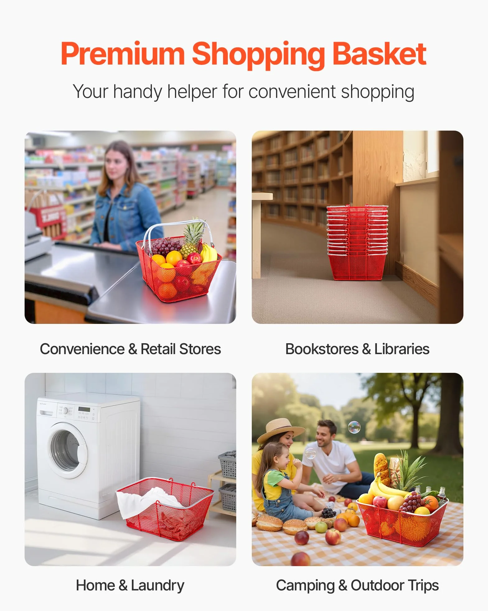 VEVOR Cestas de Compra con Asas 12 Piezas 42 x 32 x 19 cm, Apilables, de Metal, Estructura de Malla Densa, Capacidad de hasta 20 kg, para Supermercados, Tiendas, Librerías, Uso Doméstico, Rojo