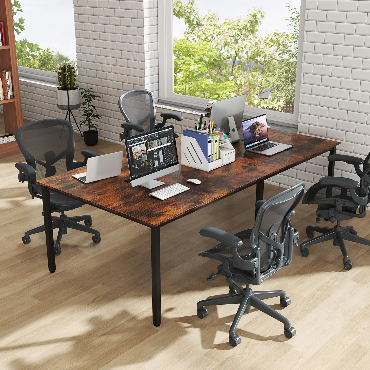GYMAX Mesa de Conferencias, Ordenador de Oficina con 2 Pasacables, Escritorio Rectangular de 240 x 120 cm con Marco Metálico Resistente, Mesa Moderna para Seminarios para Sala de Reuniones