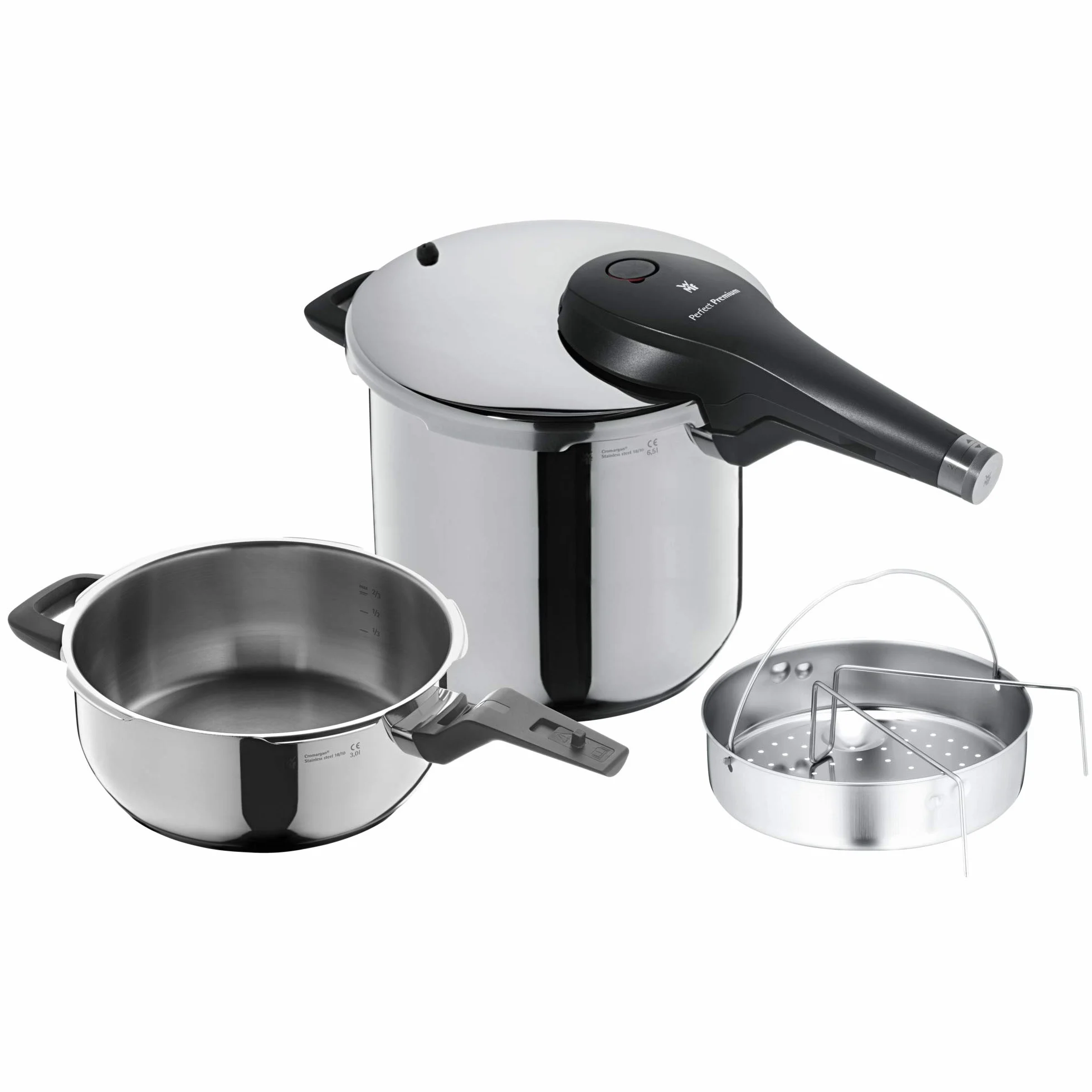 WMF Perfect Premium - Set con olla ultra rápida/a presión de 22 cm y 6,5 litros Acero Inoxidable Pulido, fabricada en Alemania, fabricada en Cromargan