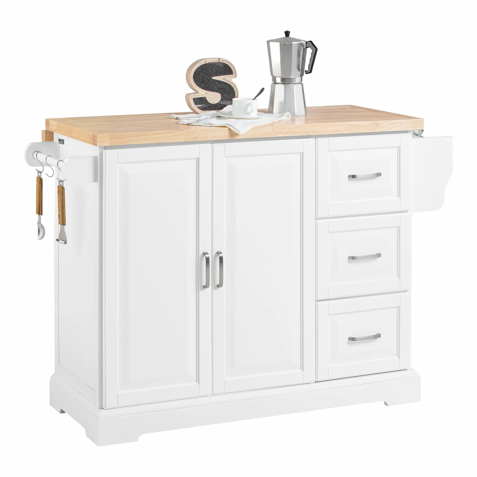 SoBuy Isla Cocina con encimera de Madera Maciza Extensible Carrito de Cocina con Ruedas Mueble de Cocina con 3 cajones Blanco 130x91x(46-71) cm FKW41-II-WN