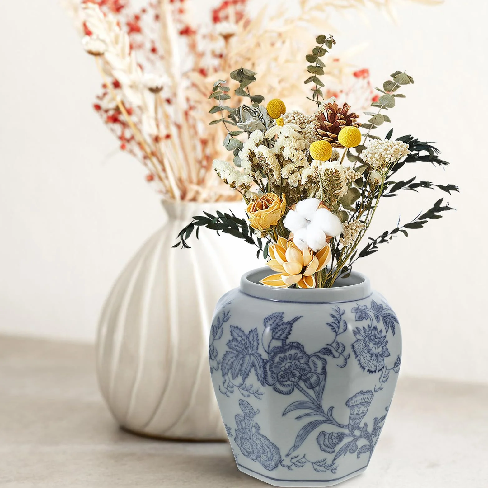 DOITOOL Jarrón Floral de Cerámica Azul Estilo Chino Diseño Delicado y Tacto Agradable para Decoración en Hogares y Entradas