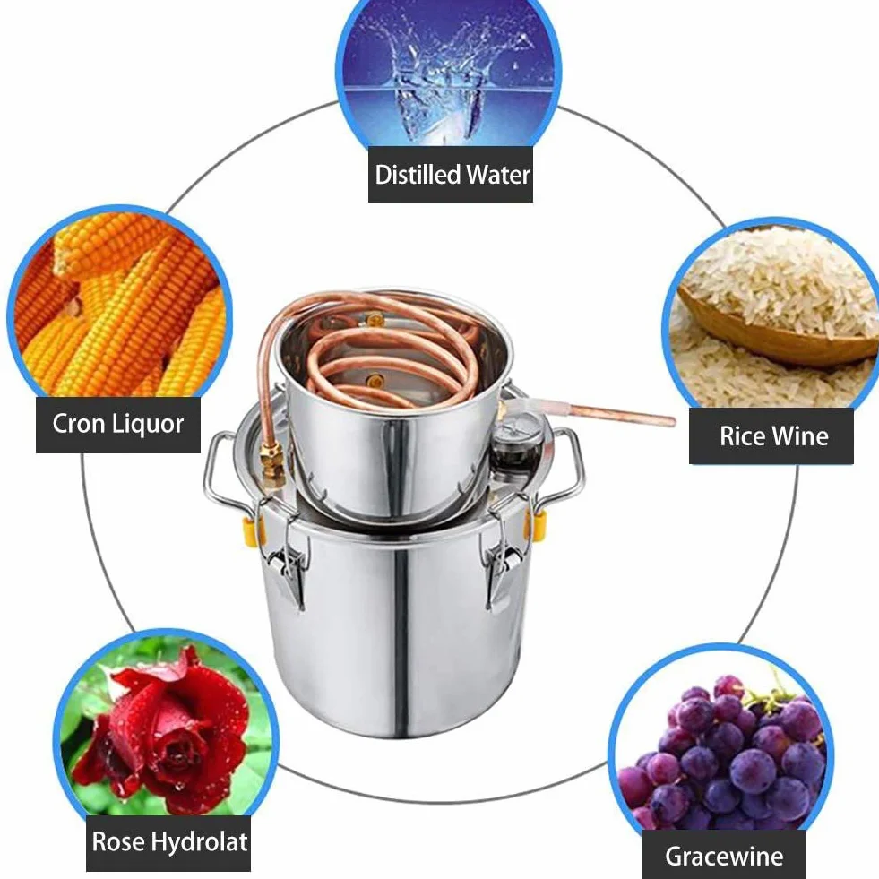 JIXIN Alambique, 3Gal 12L Destilador De Alcohol Moonshine Todavía Termómetro Incorporado Kits De Destilación Caldera Kit De Elaboración Casera De Acero Inoxidable (3Gal / 12L)