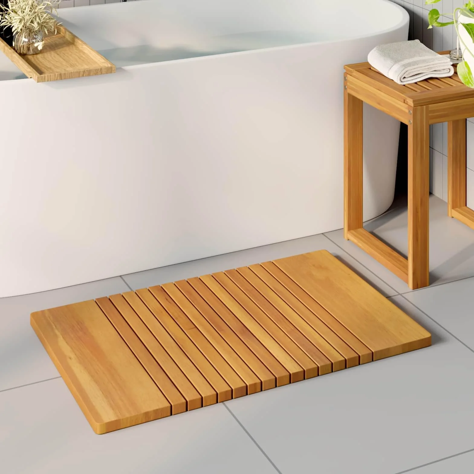 Alfombra de baño de madera con superficie engrasada, antideslizante, para baño y ducha, secado rápido, lavable, versátil, color marrón