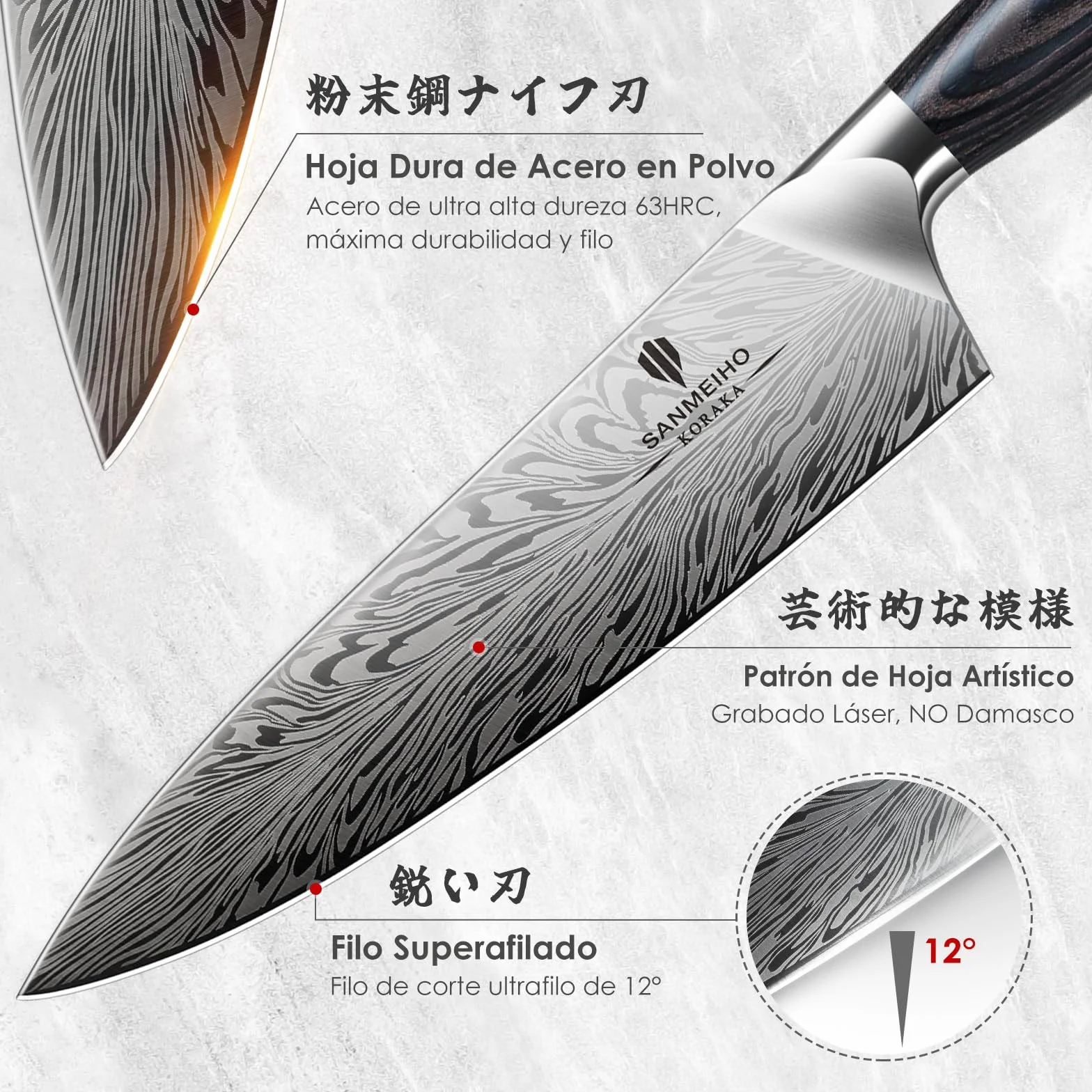 SANMEIHO Set Cuchillos de Cocina Acero en Polvo 3 Piezas, Cuchillos de Chef | Juego de Cuchillos Cocina Ultra Afilados con Cuchillo Multiusos y Puntilla, Mango de Madera Ergonomico para Carne y Fruta