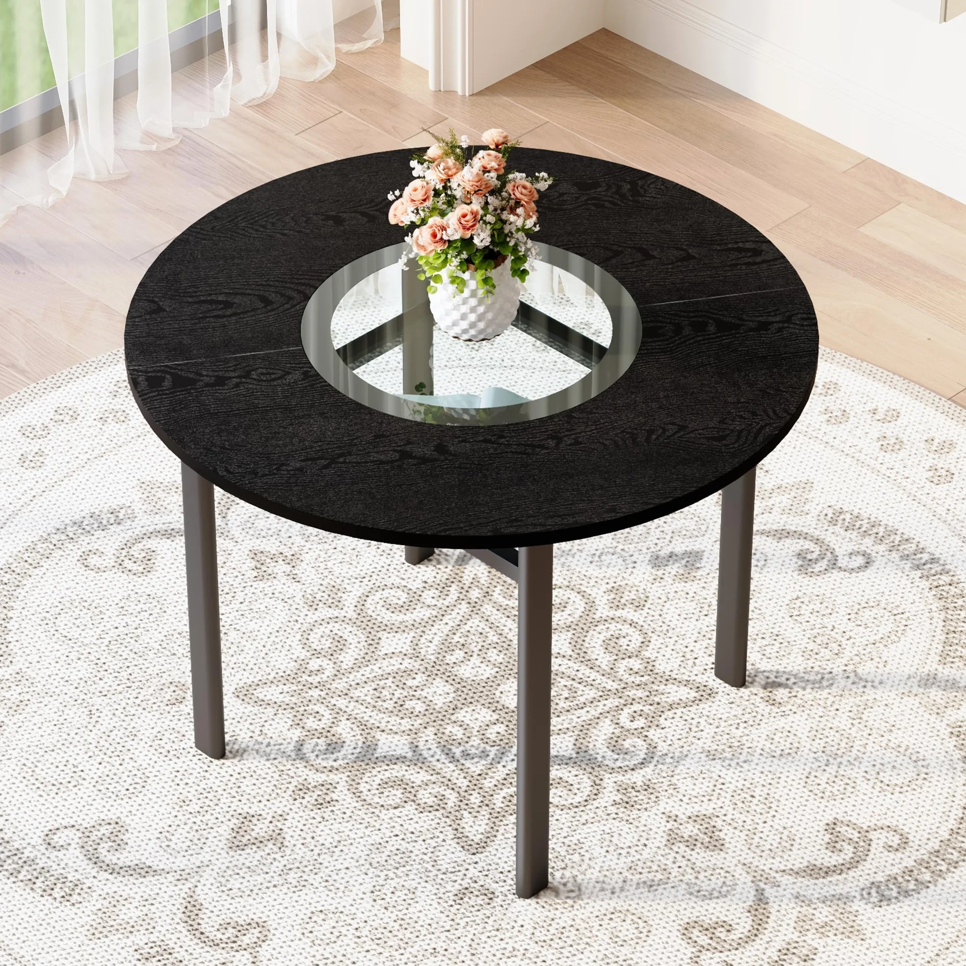 Mesa de Comedor Redonda de MDF y Cristal, Salón y Cocina, Negro, 100 cm