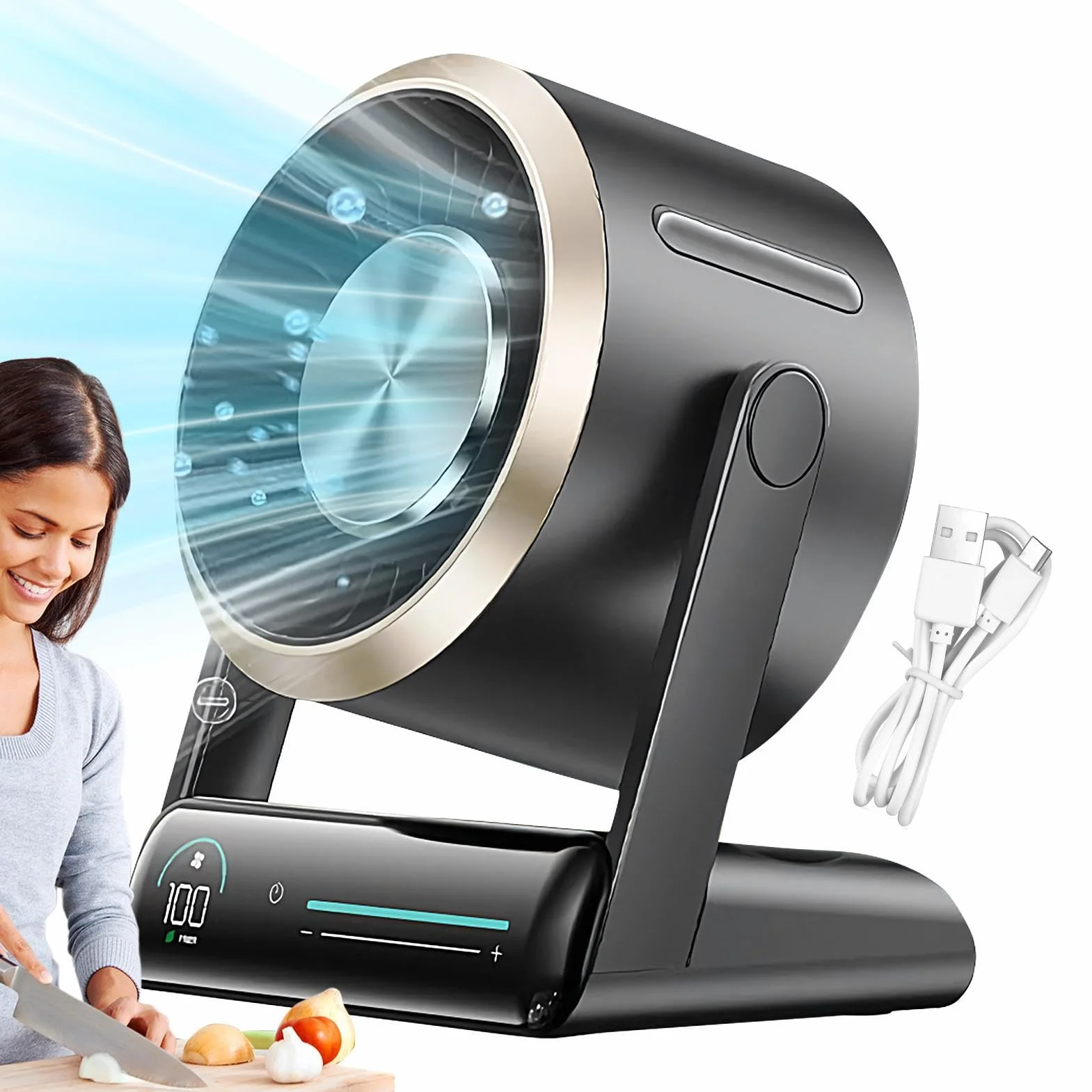Genérico Ventilador De Mesa Pequeño Pantalla Digital Silencioso Recargable | Ventilador De Escritorio Recargable Para hogar, oficina, escuela, exterior, camping, viajes, playa, verano