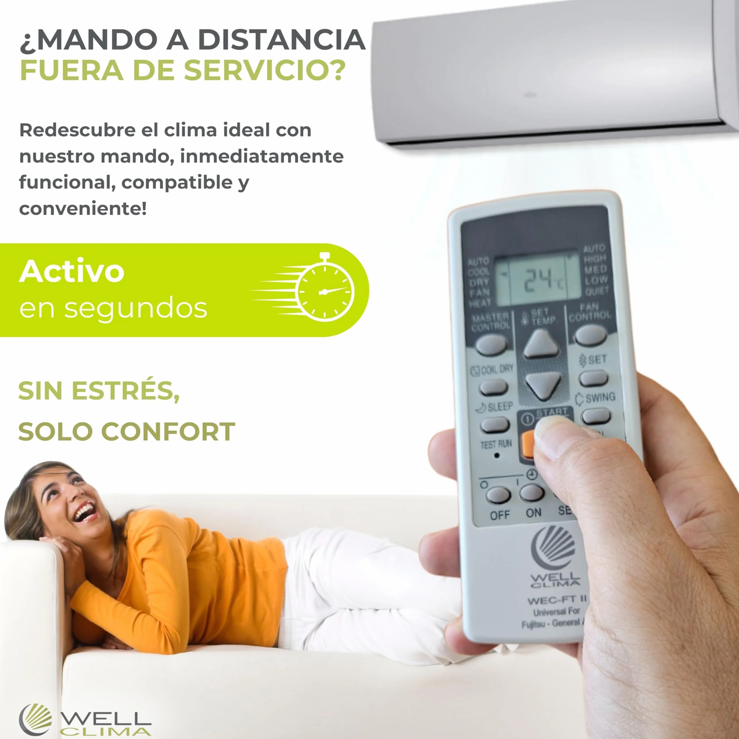 Wellclima WEC-FT II Mando Universal Compatible con Aires Acondicionados Fujitsu y General, Funciones Avanzadas, 4 Velocidades de Ventilador