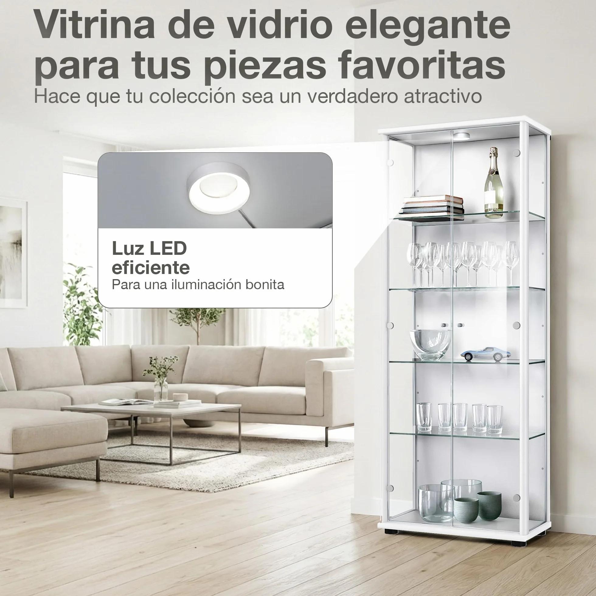 Vitrina de Cristal Blanca (176x67x33 cm) con 4 estantes de Cristal Regulables en Altura & LED - Vitrina Blanca Modelo Coche - Vitrina de colección