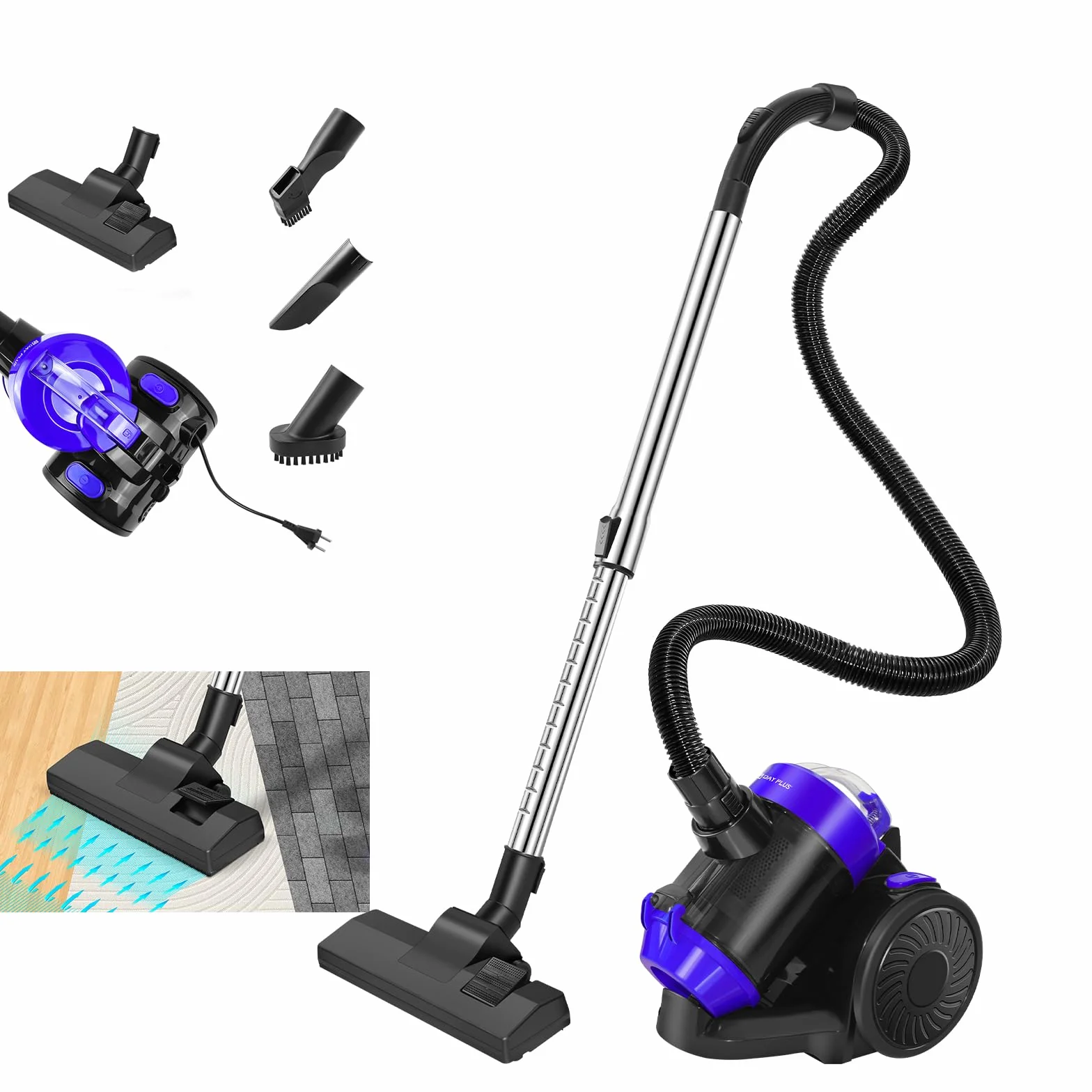 Aspirador sin bolsa – Compacto, motor de 1000 W para una fuerte succión, limpieza multisuperficie, depósito de polvo de 1,5 L, cable automático y accesorios para suelos, alfombras