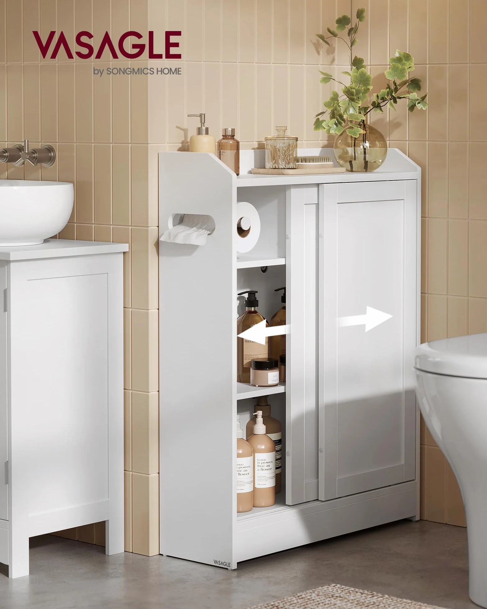 VASAGLE Armario de Baño, Ahorra Espacio, Compartimento Papel Higiénico y Escobilla, Puertas Correderas, Estantes Ajustables, Lado Inodoro, 20 x 60 x 80 cm, Blanco Nube BBC752W01