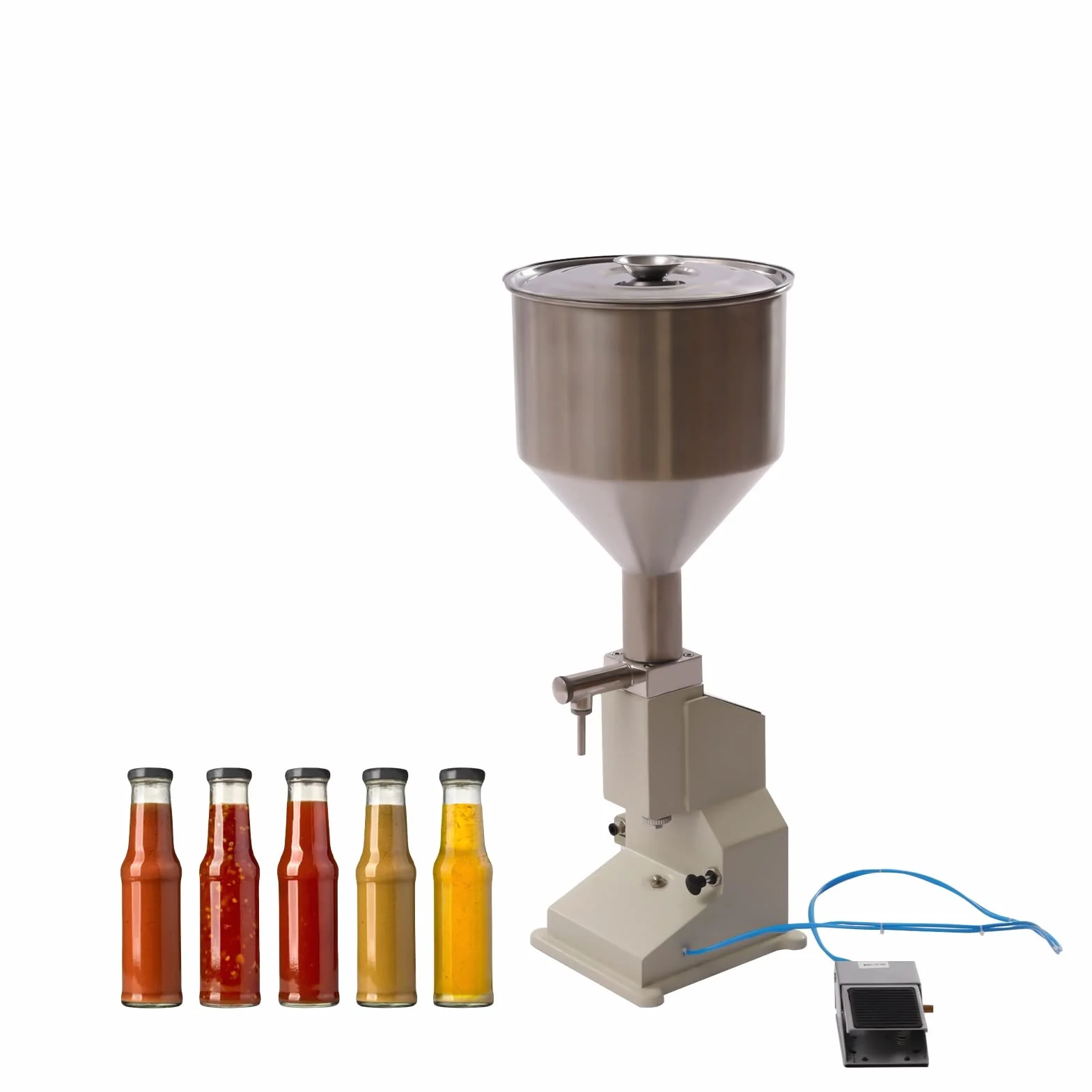 Máquina de llenado de líquido en pasta neumática, máquina de llenado de botellas semiautomática de 10 a 110 ml, máquina de llenado de pasta líquida con tolva de 10 l para cosméticos, aceites, cremas