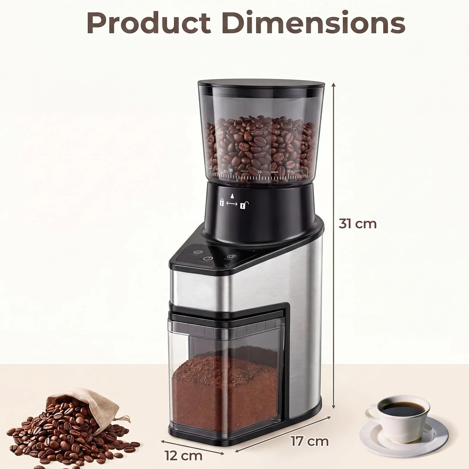 LIFEZEAL Molinillo de café eléctrico con cono, 60 niveles, 1-8 tazas, molinillo eléctrico de 150 W con tolva de 250 g, antiestático, silencioso, para expreso, goteo y prensa francesa, para casa y