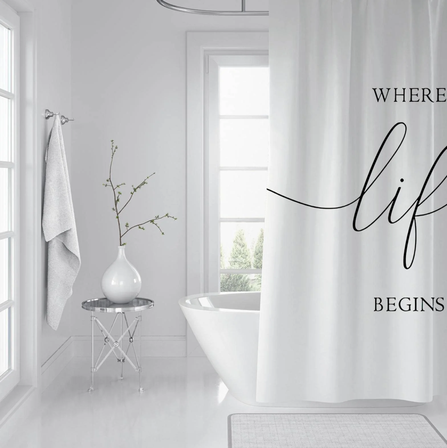 Cortina de Ducha de Simplicidad Moderna Set White Words Cortina de Ducha para la decoración del baño Cortina de Ducha de Tela Lavable Impermeable para bañera W200xL200cm
