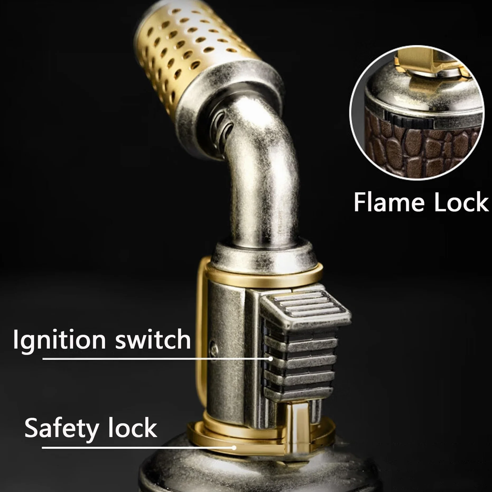 Encendedor de antorcha de butano recargable, llama de chorro resistente al viento, diseño de metal portátil con bloqueo de seguridad y bloqueo de llama para aventuras de camping y senderismo