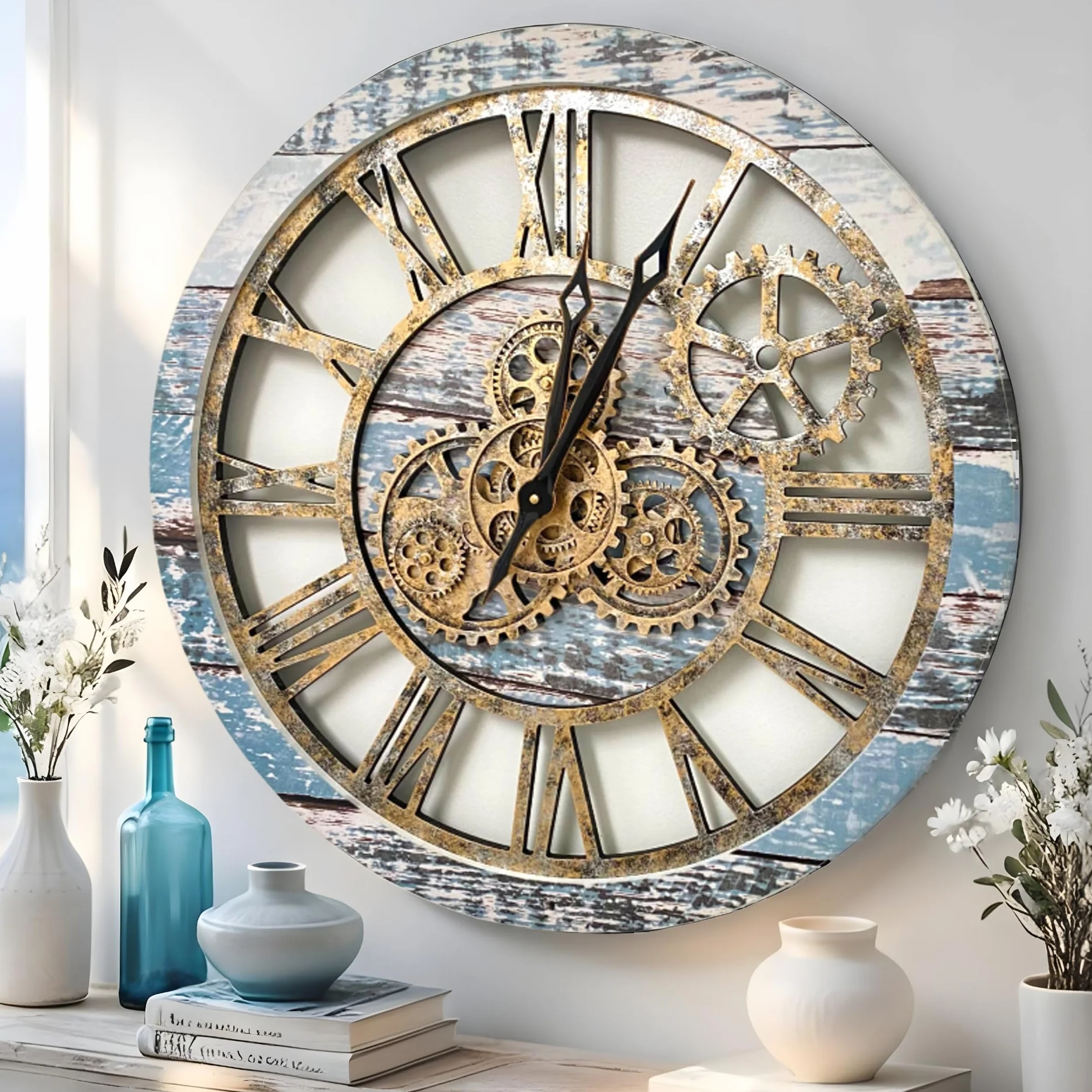 El Reloj de Engranajes El Original con Engranajes Reales en Movimiento - Reloj de Pared Industrial de Gran tamaño (60 cm), Color Verde Aguamarina Vintage y Bronce