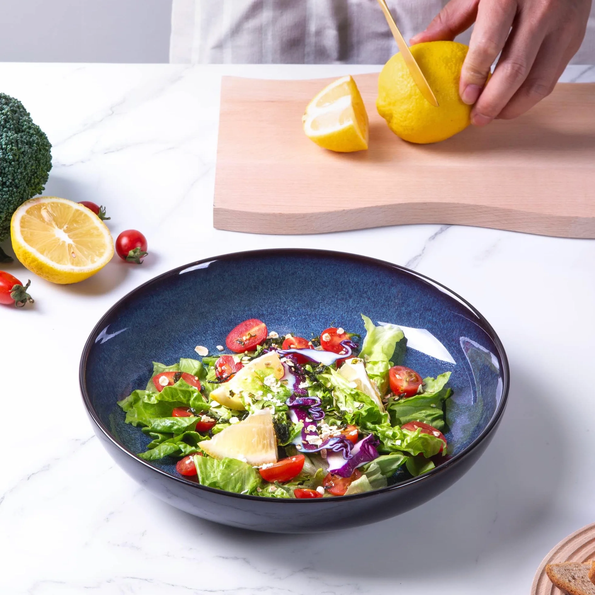 LeRatio Cuencos grandes para pasta de 22 cm, juego de 6 platos profundos de gres, resistentes a los arañazos, cuencos modernos para sopa, fideos, aptos para microondas AMD y lavavajillas, azul
