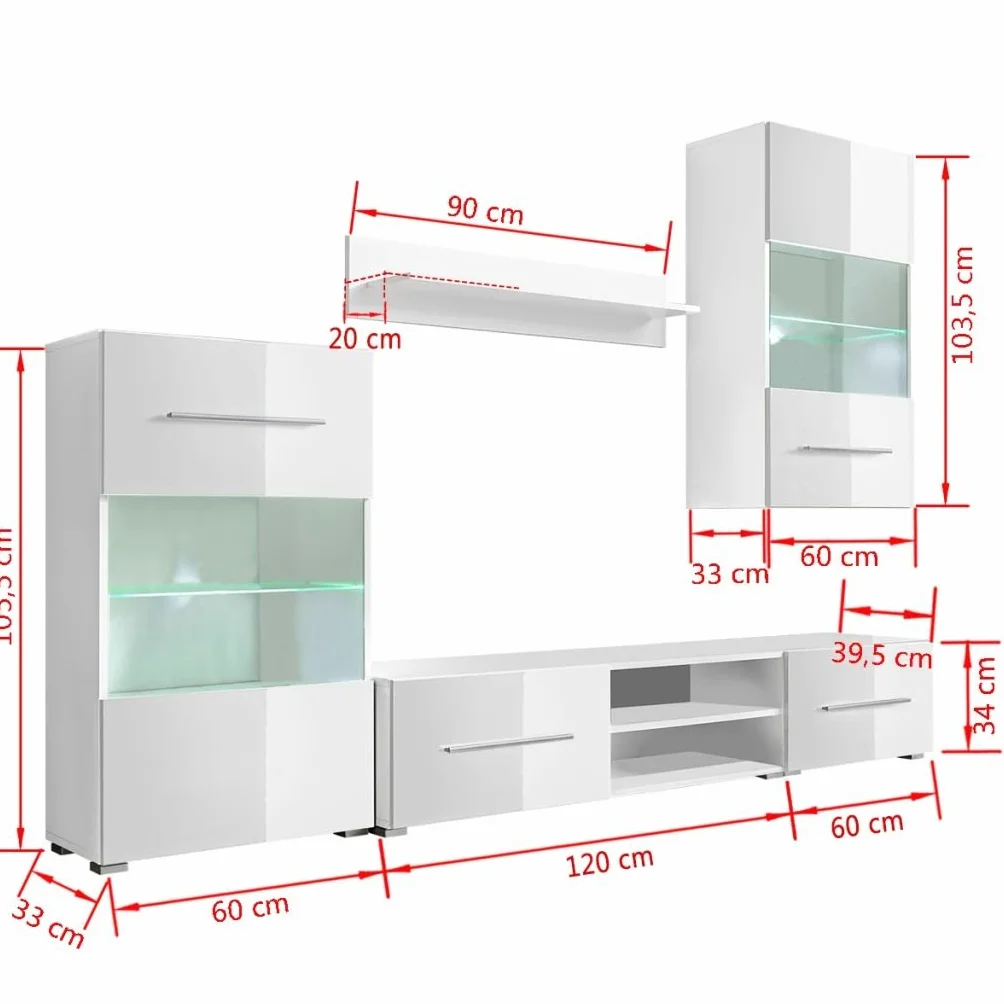 Gecheer Muebles de salón Moderno 5 Piezas con iluminación LED,Mueble salón Modular,Conjunto Completo Mueble TV,Mueble de TV Multifuncional,Modulos de Comedor,Armario de Almacenaje,Blanco
