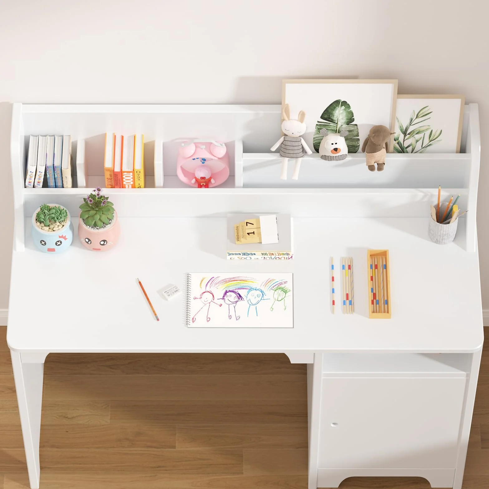 Garvee Escritorio de estudio para niños con silla, mesa de estudio de madera para niños con cabaña y armario de almacenamiento para niños y niñas de 3 a 12 años, escritorio de escritura para