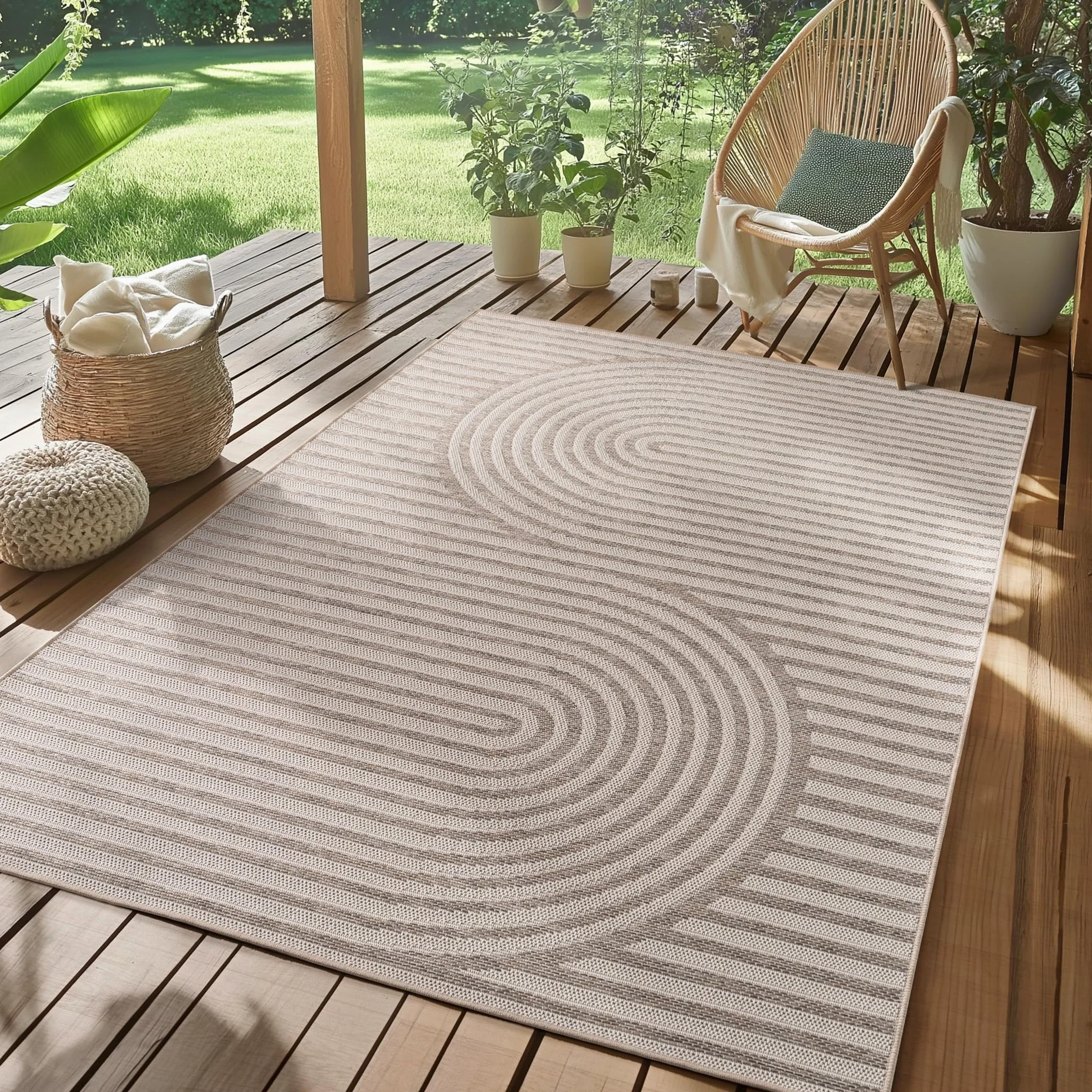 SIMPEX Alfombra Exterior Beige 240x340 cm Resistente a la Intemperie UV Fácil de Limpiar Diseño Escandinavo Boho para Cocina Balcón Terraza Jardín